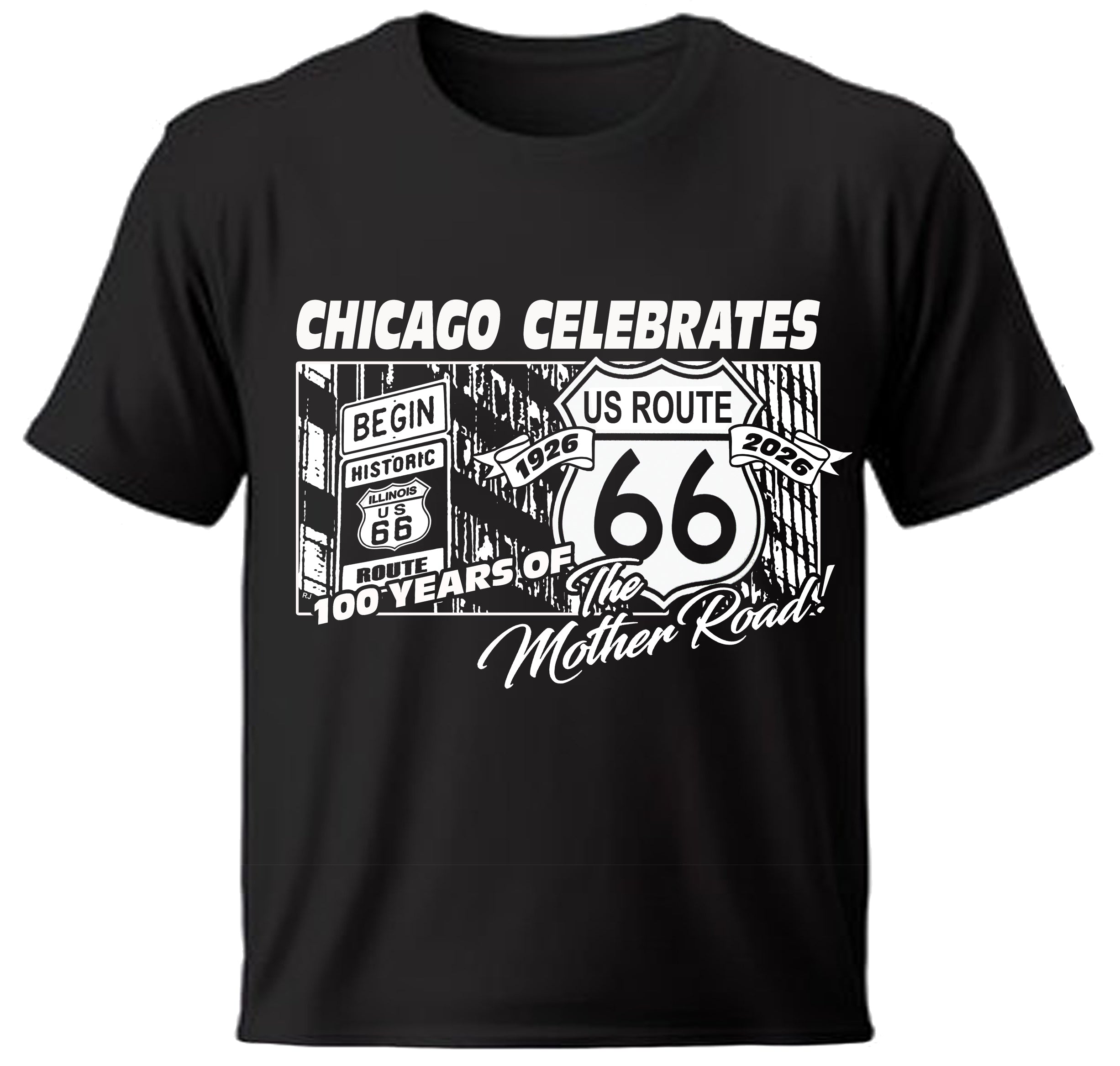 Black Chicago  t-shirt with Route 66 graphic and text on a white background


