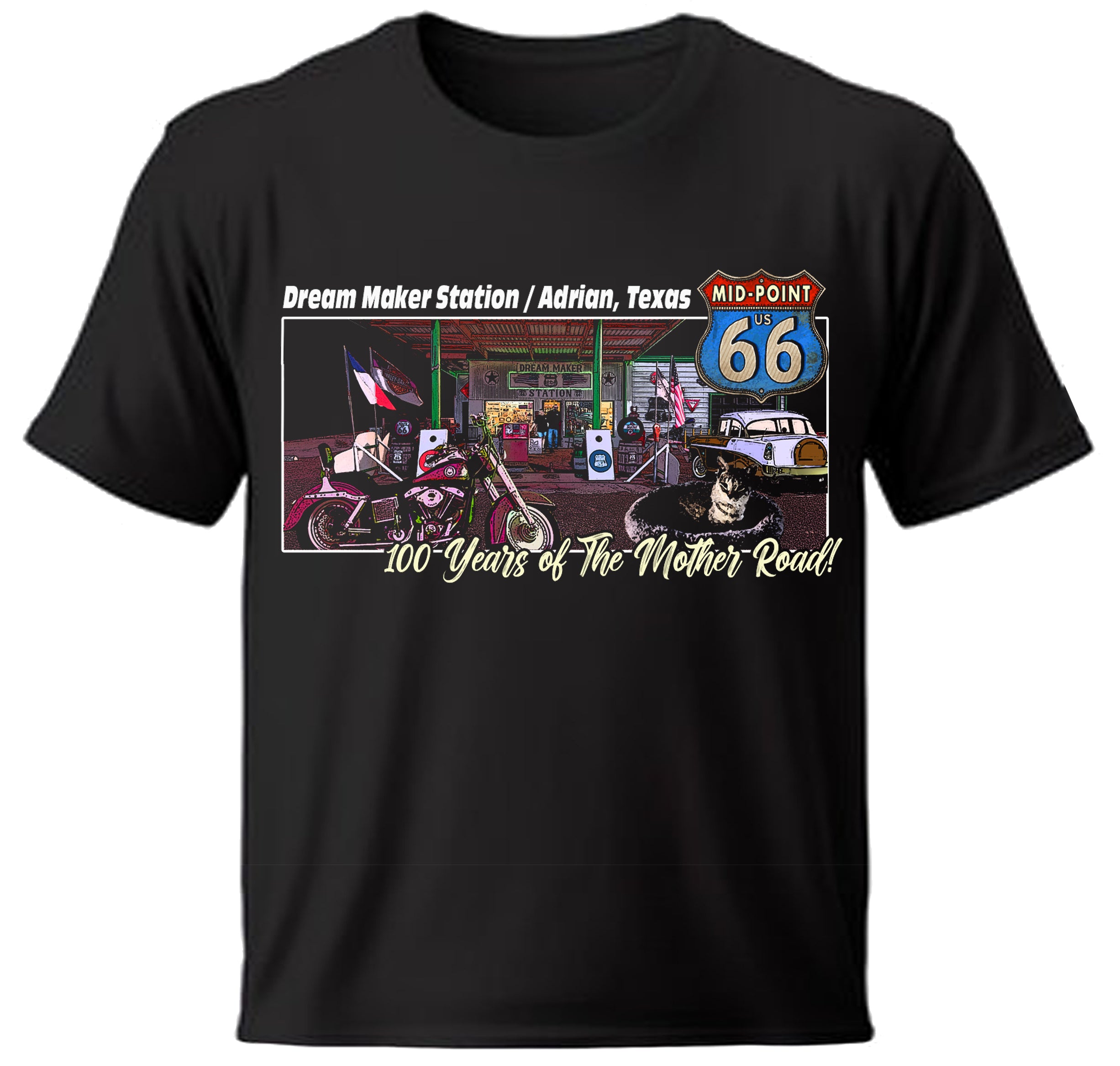 Black Route 66 mid-point t-shirt with Adrian, Texas graphic design featuring a motorcycle and text 