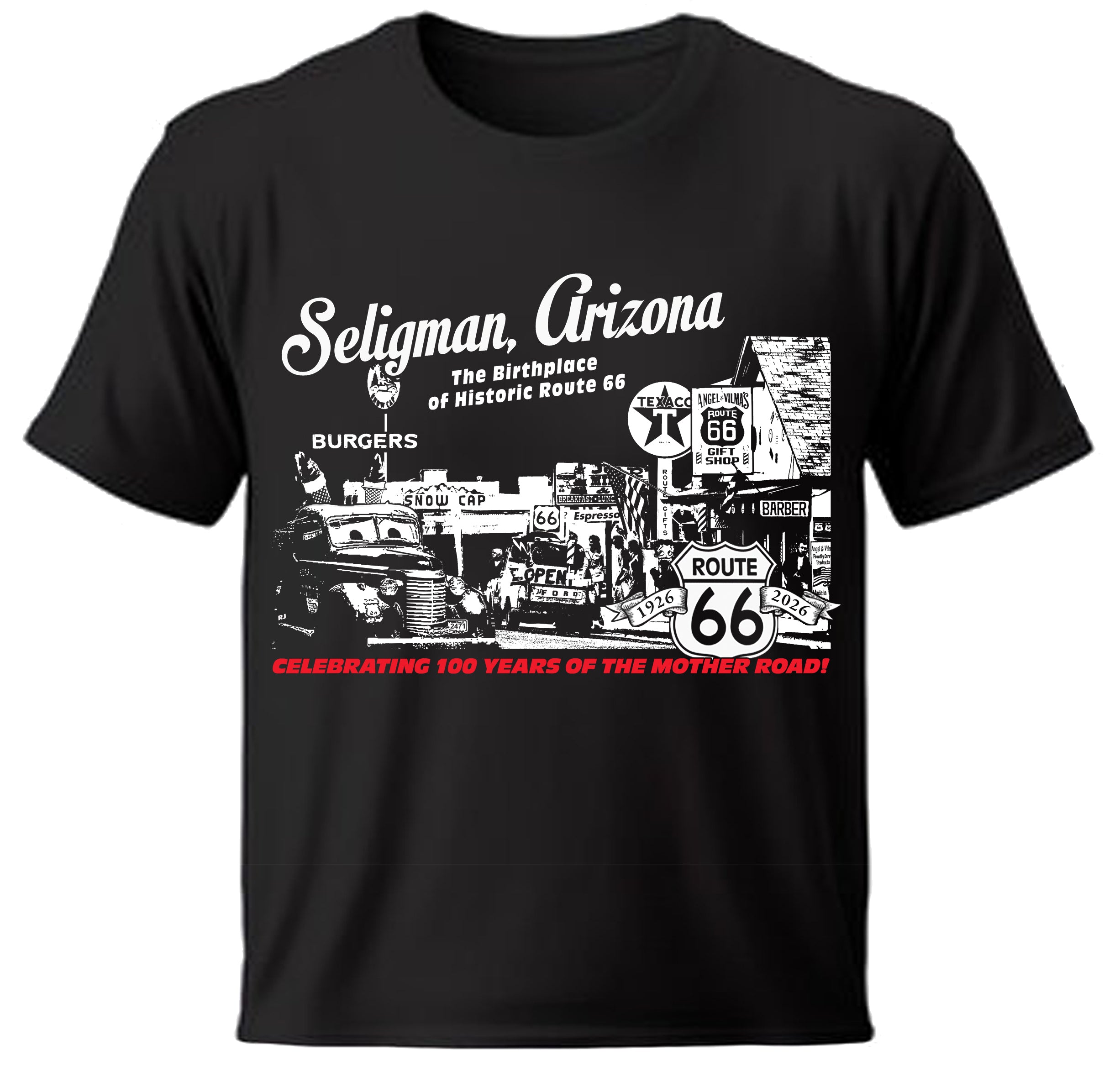Black t-shirt with Seligman, Arizona graphic and Route 66 design on a white background