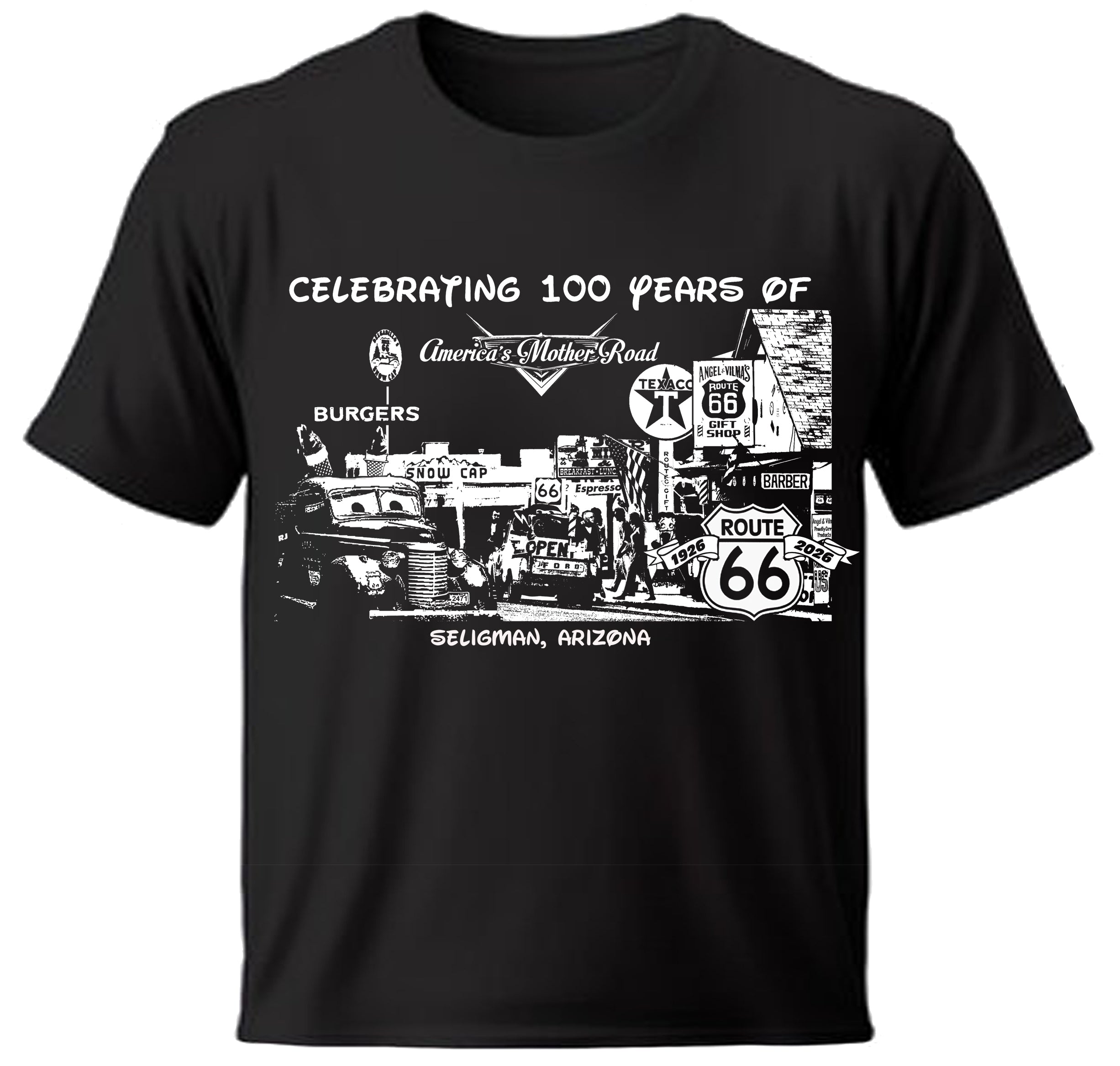 Children's black t-shirt with Route 66 and town image on a white background