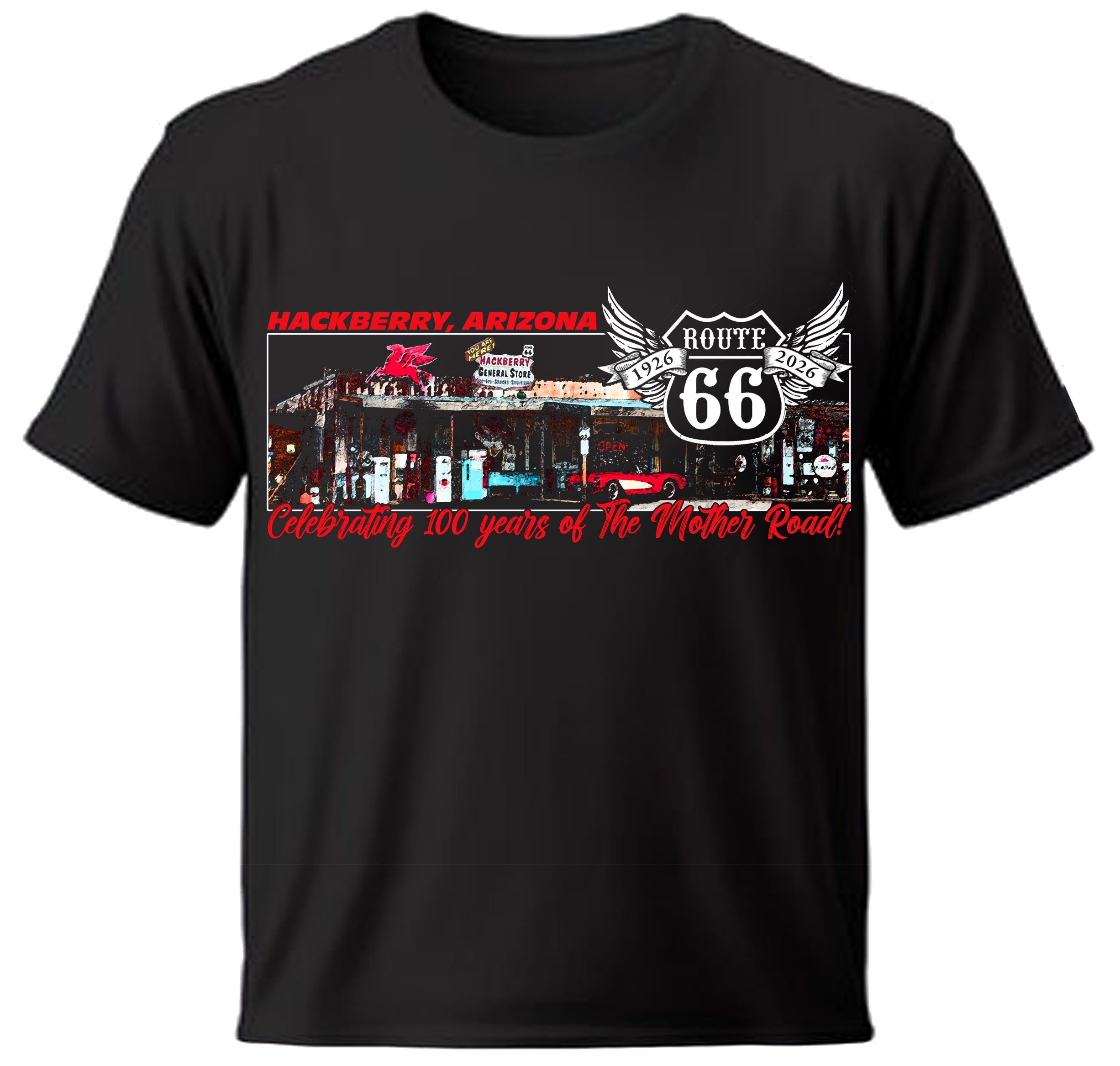 Black Hackberry, Arizona t-shirt with Route 66 graphic design .