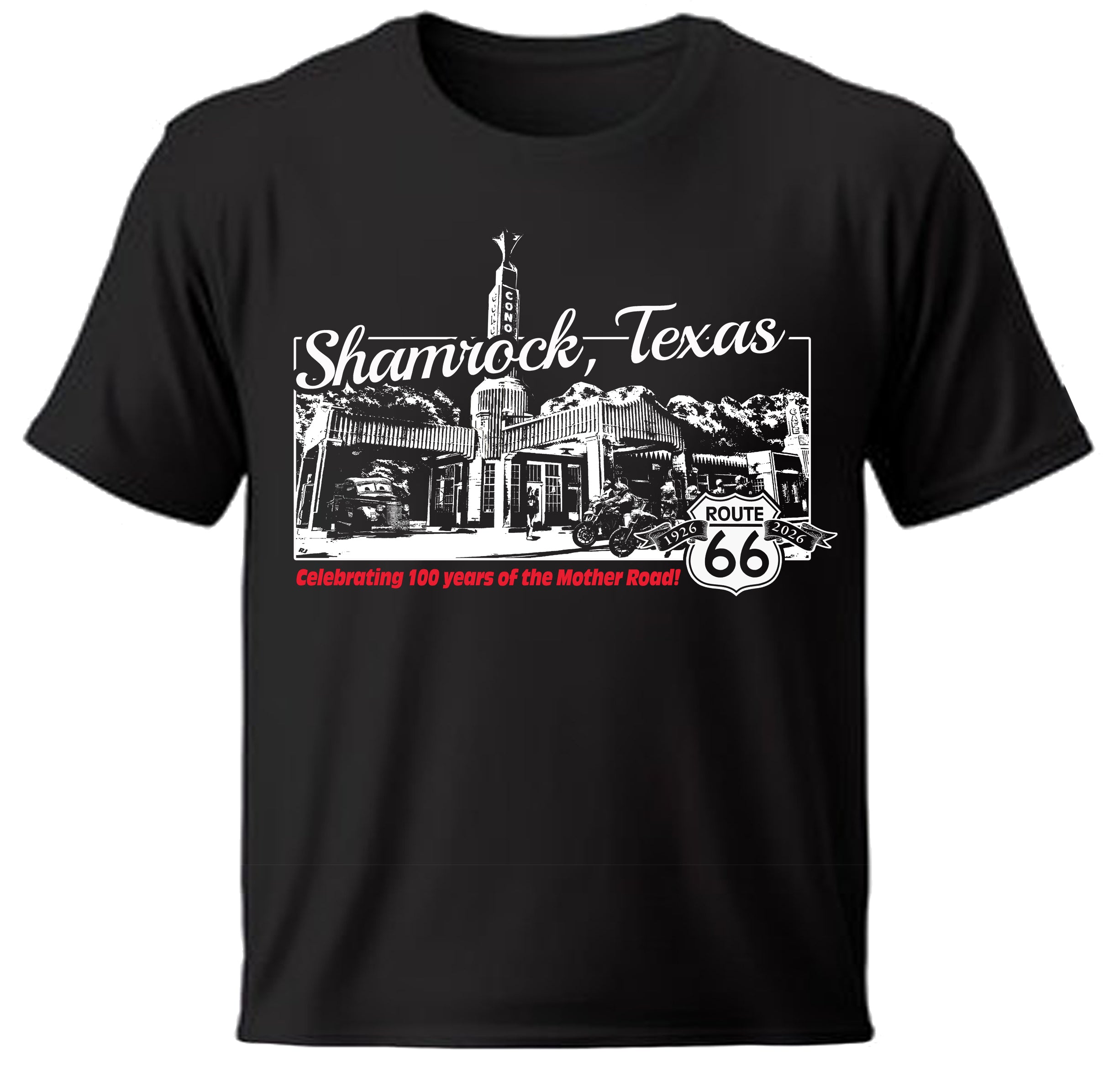 Black t-shirt with 'Shamrock, Texas' and 'Route 66' graphic design on a white background