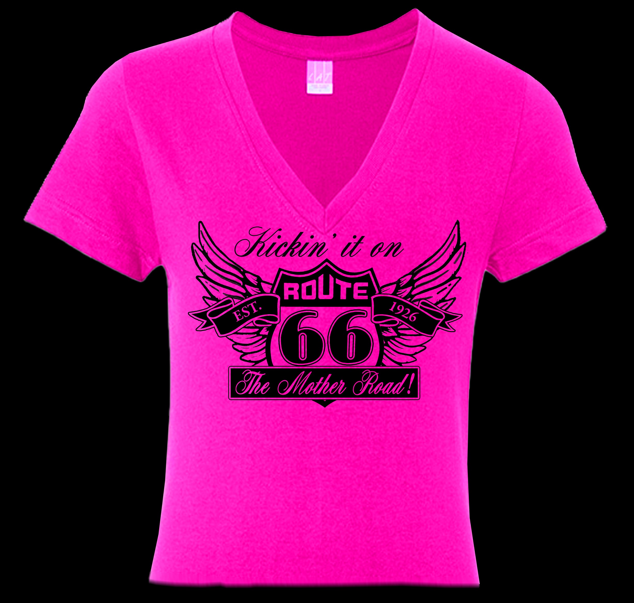 Hot Pink Hers t-shirt with Route 66 graphic logo design on a black background