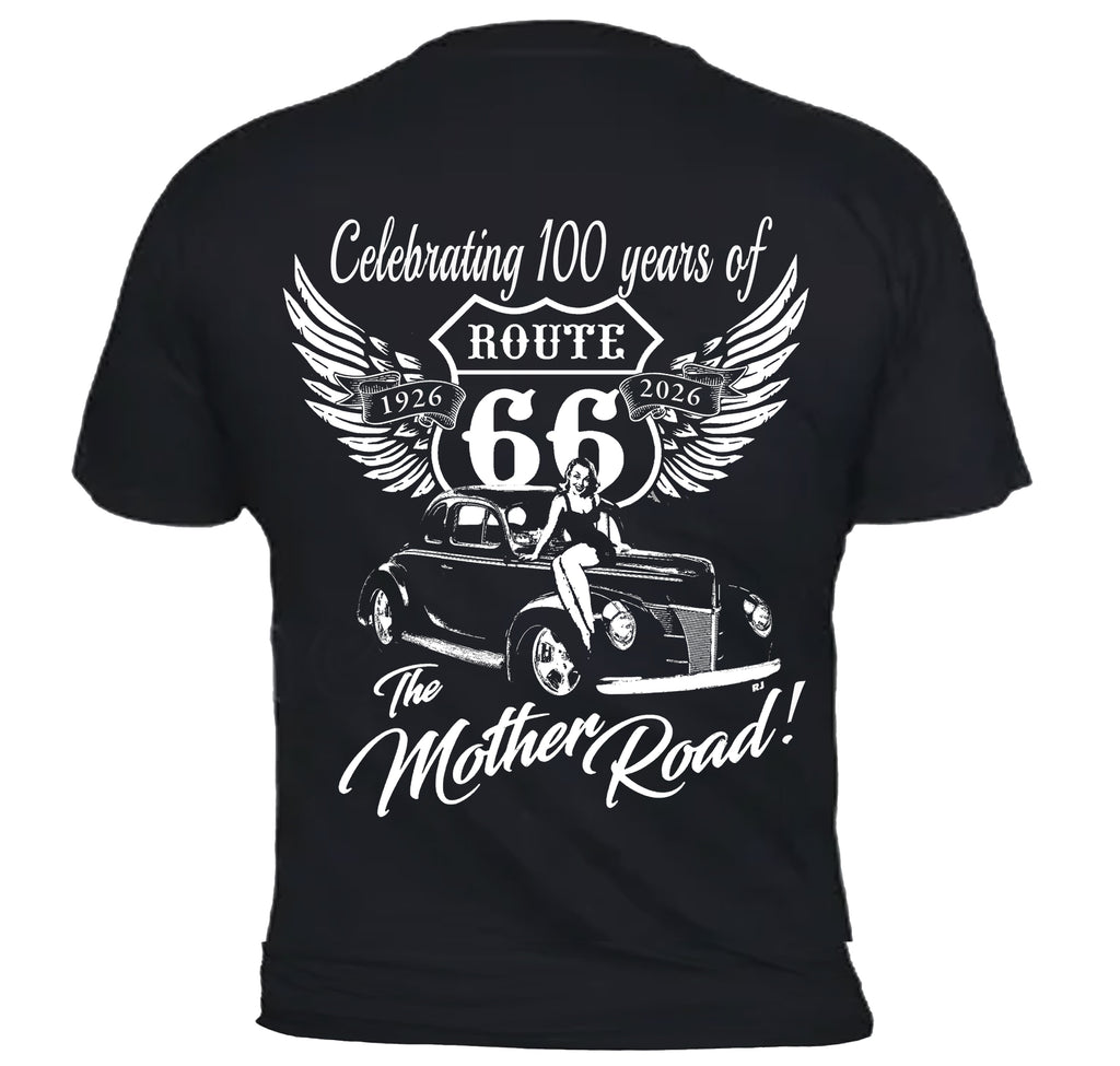 Black t-shirt with white graphic and text celebrating 100 years of Route 66