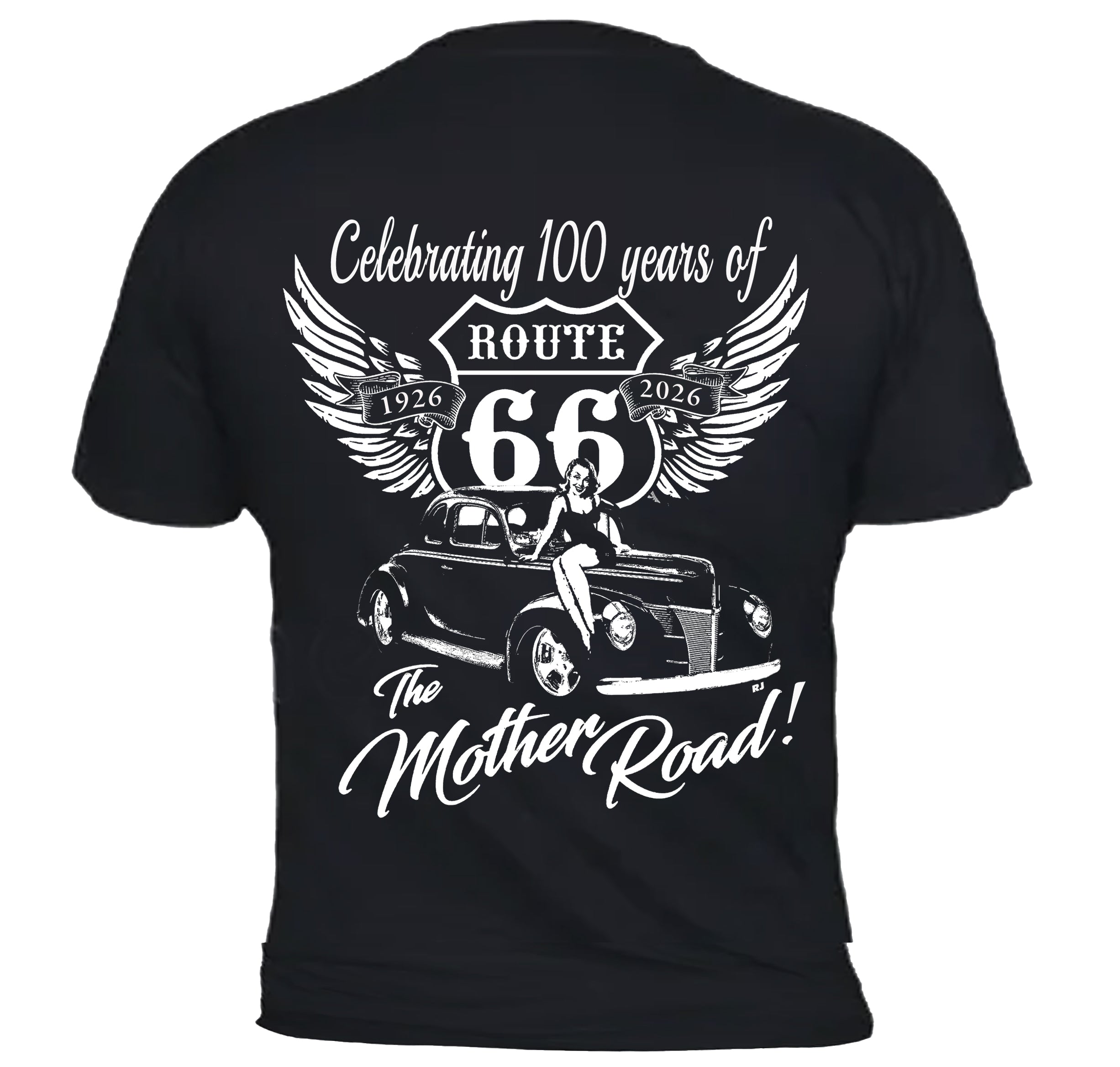 Black t-shirt with white graphic and text celebrating 100 years of Route 66
