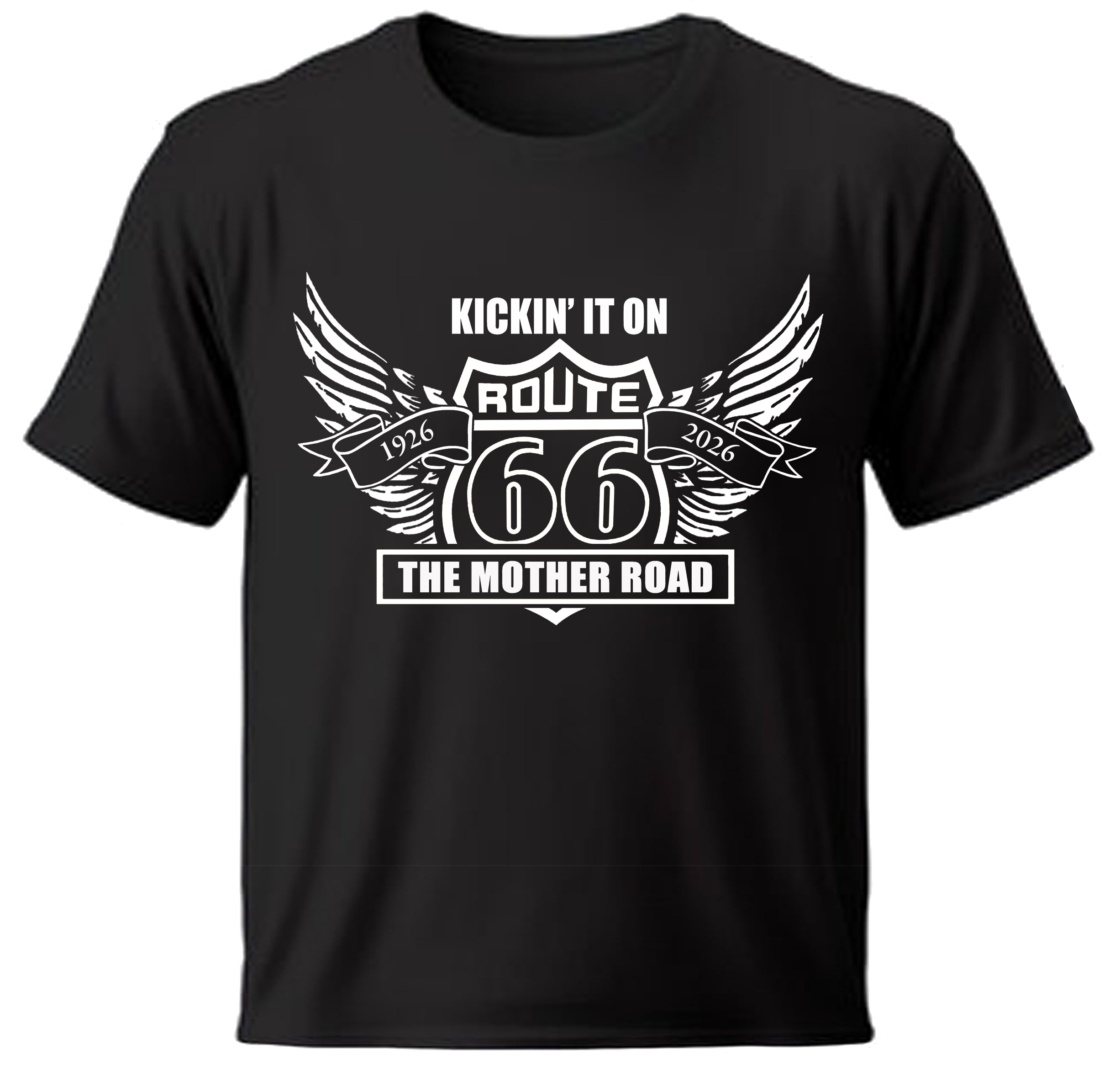 Black Route 66 His t-shirt with white graphic and text on a white background