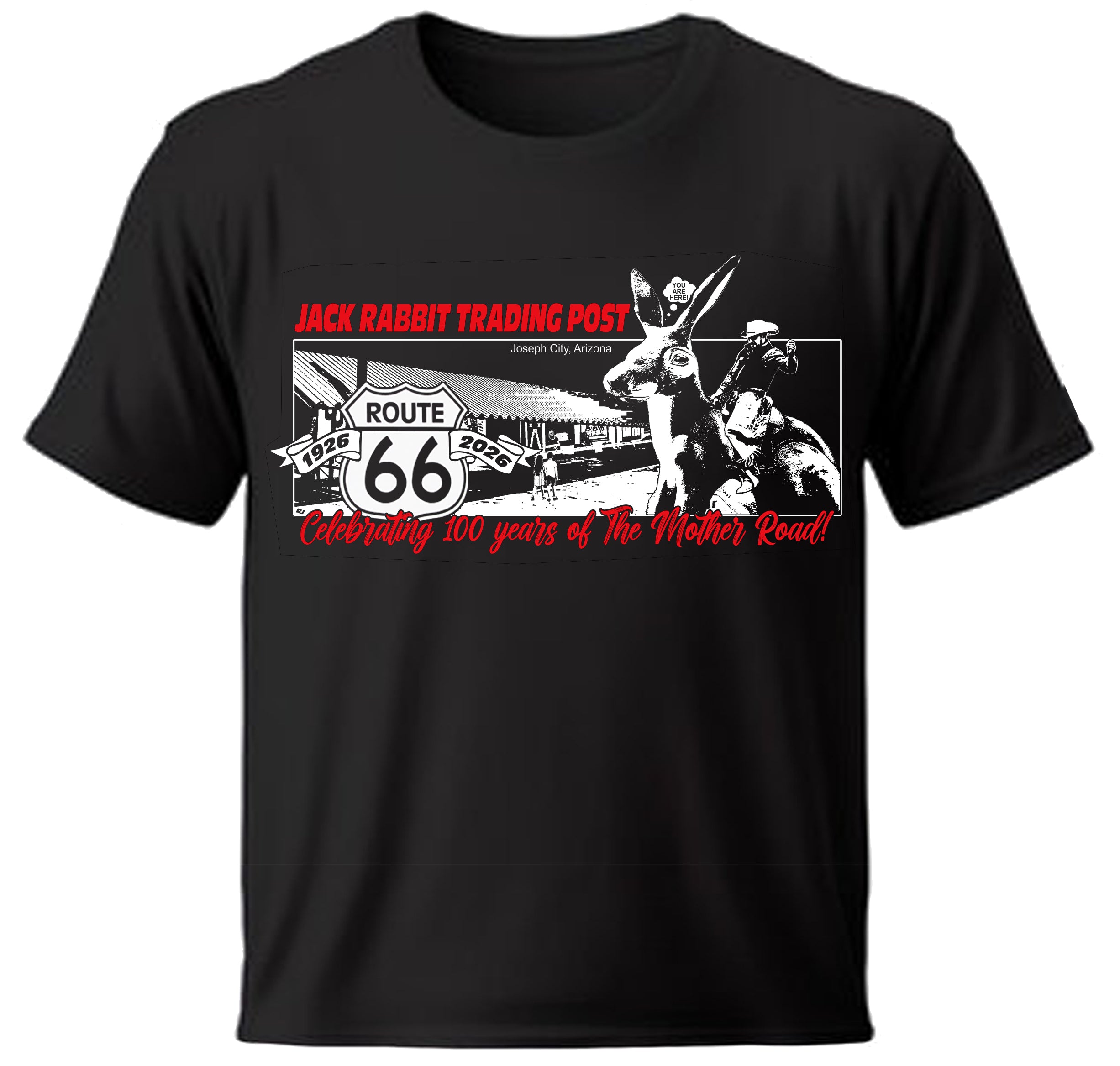 Black t-shirt with  cowboy riding a 'Jack Rabbit and Route 66 graphic on a white background