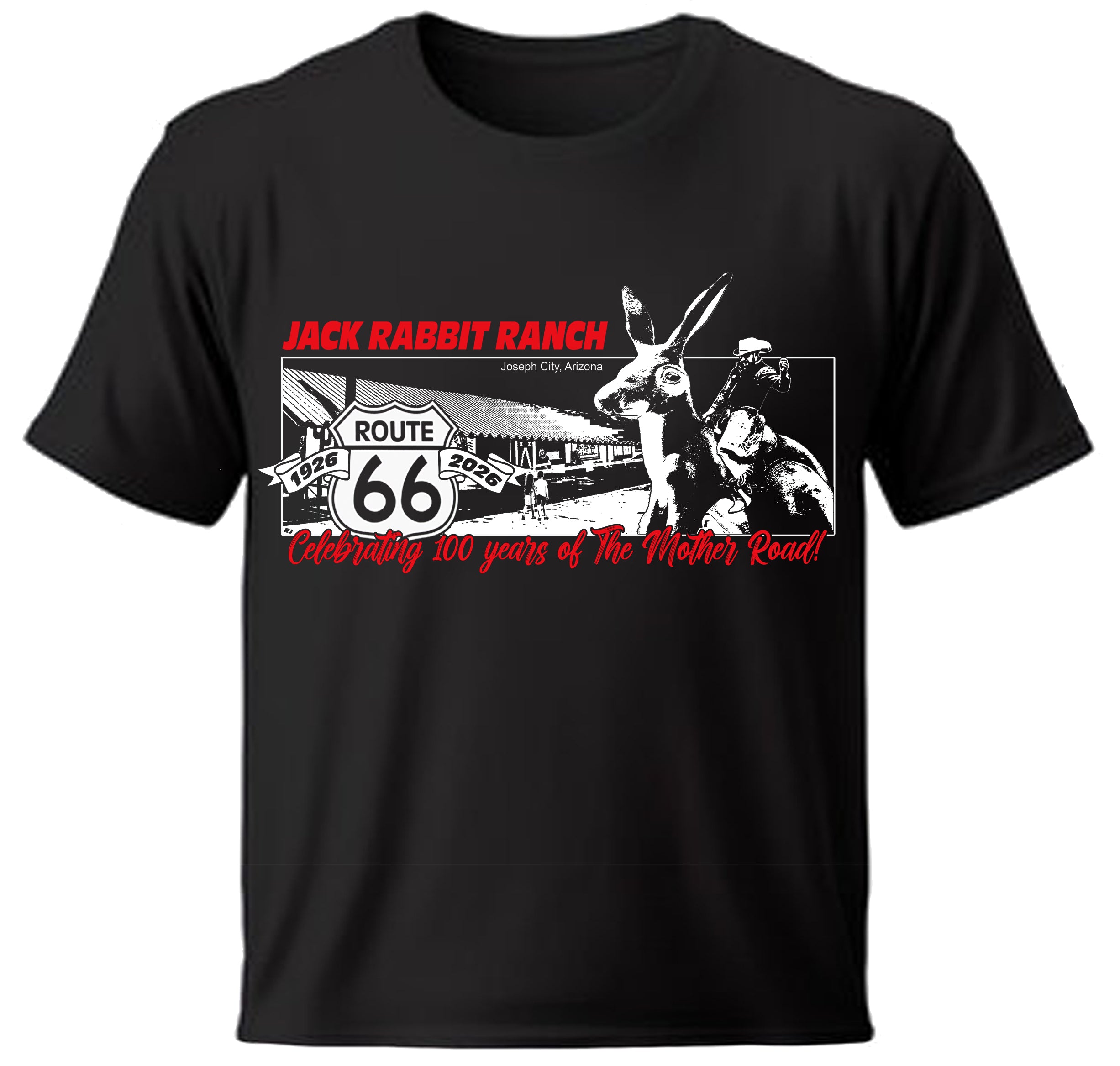 Black t-shirt with  cowboy riding a 'Jack Rabbit and Route 66 graphic on a white background