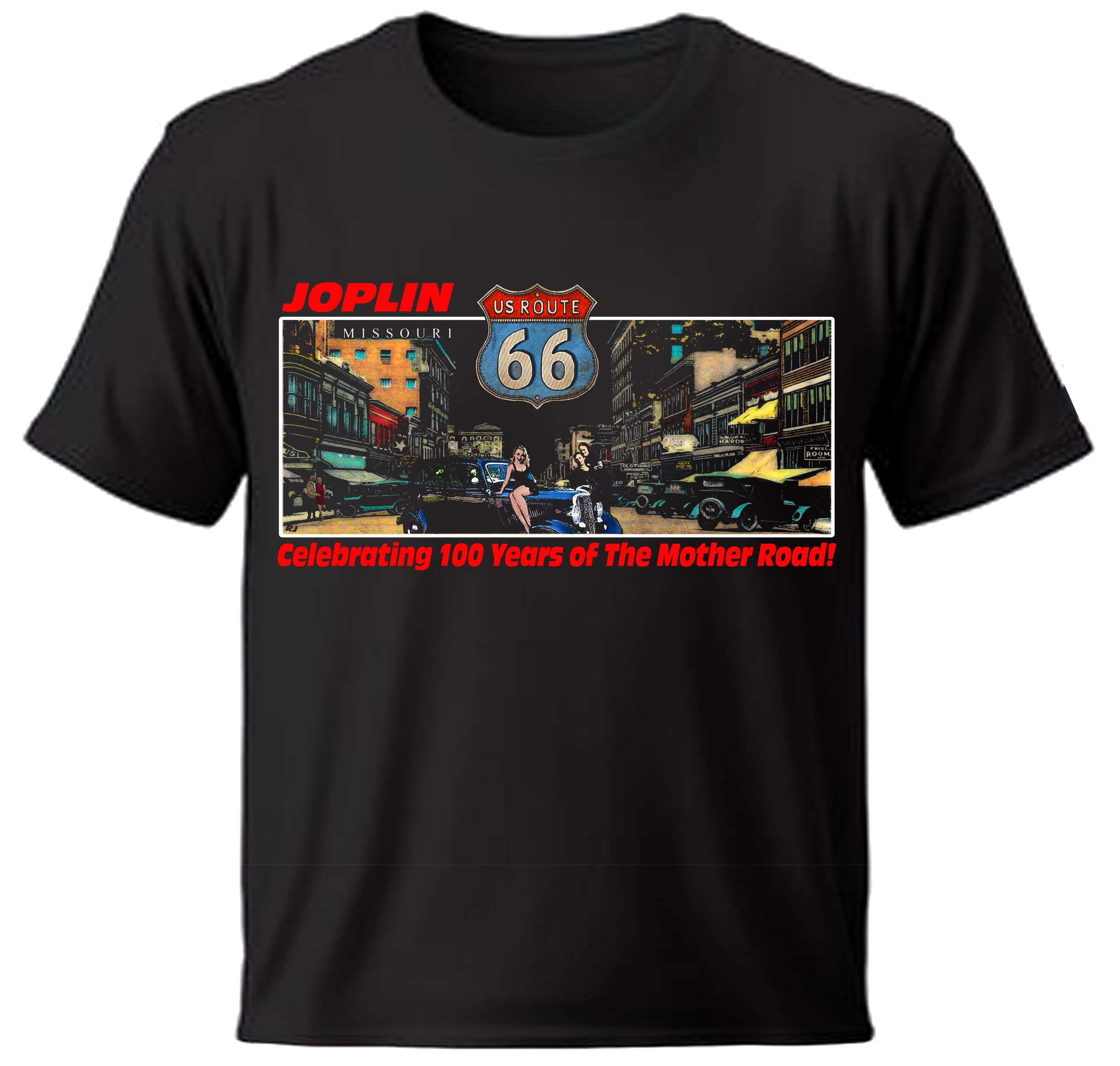 Black t-shirt with a graphic design featuring Route 66 and Joplin, Missouri.