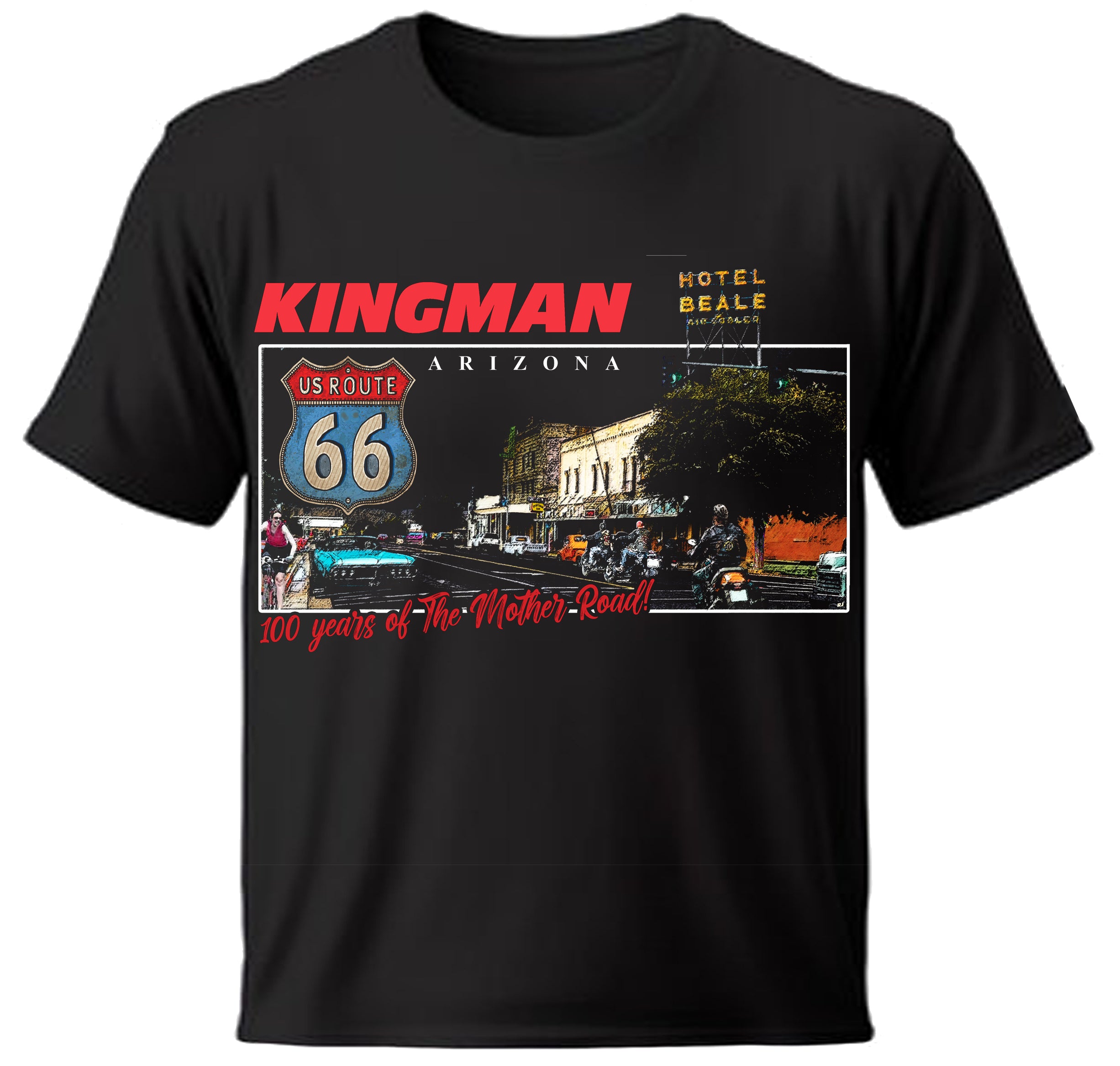 Black T Shirt qwith full color Kingman Arizona Route 66 design 