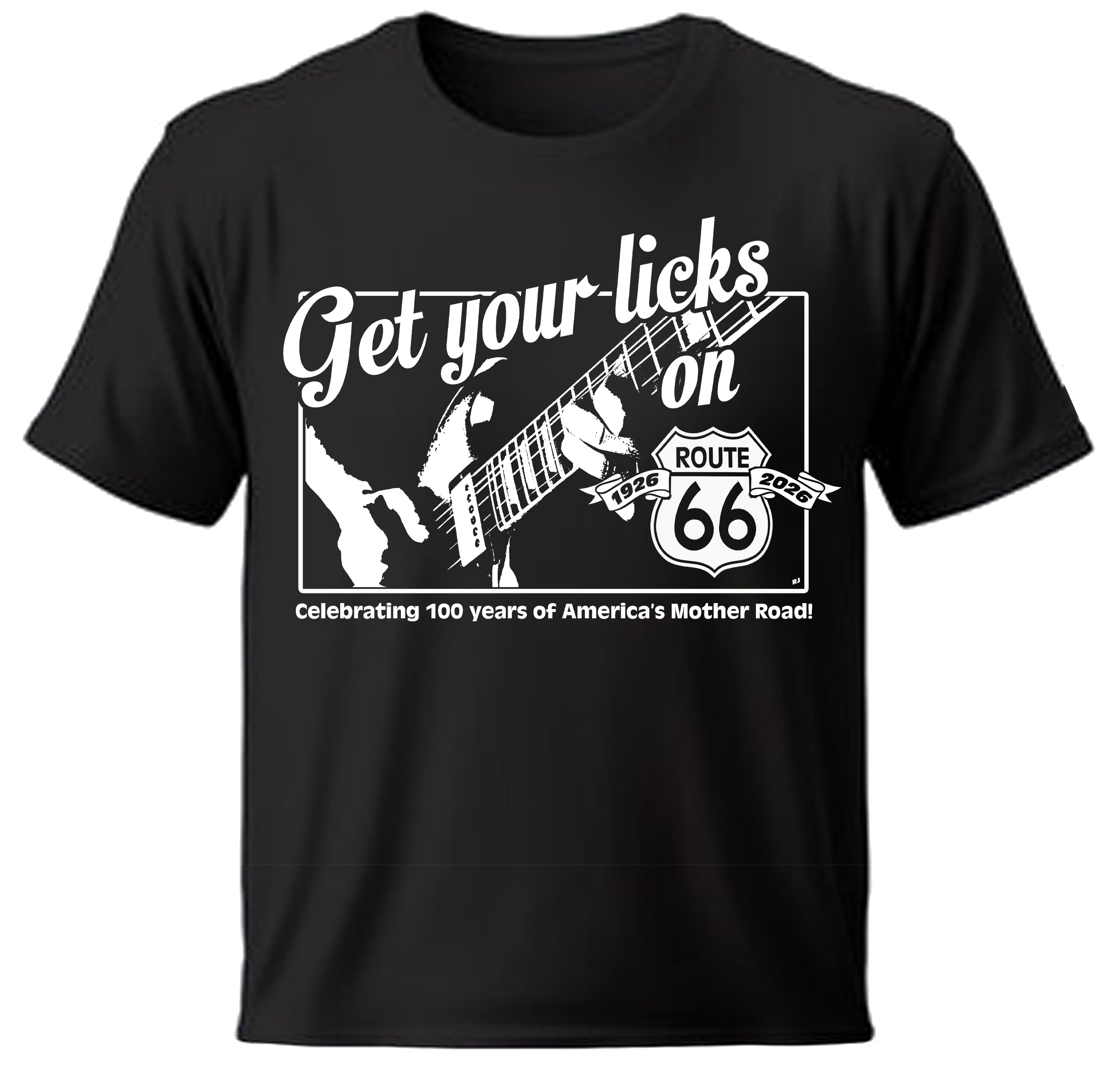 Black t-shirt with guitar graphic and text celebrating 100 years of Route 66