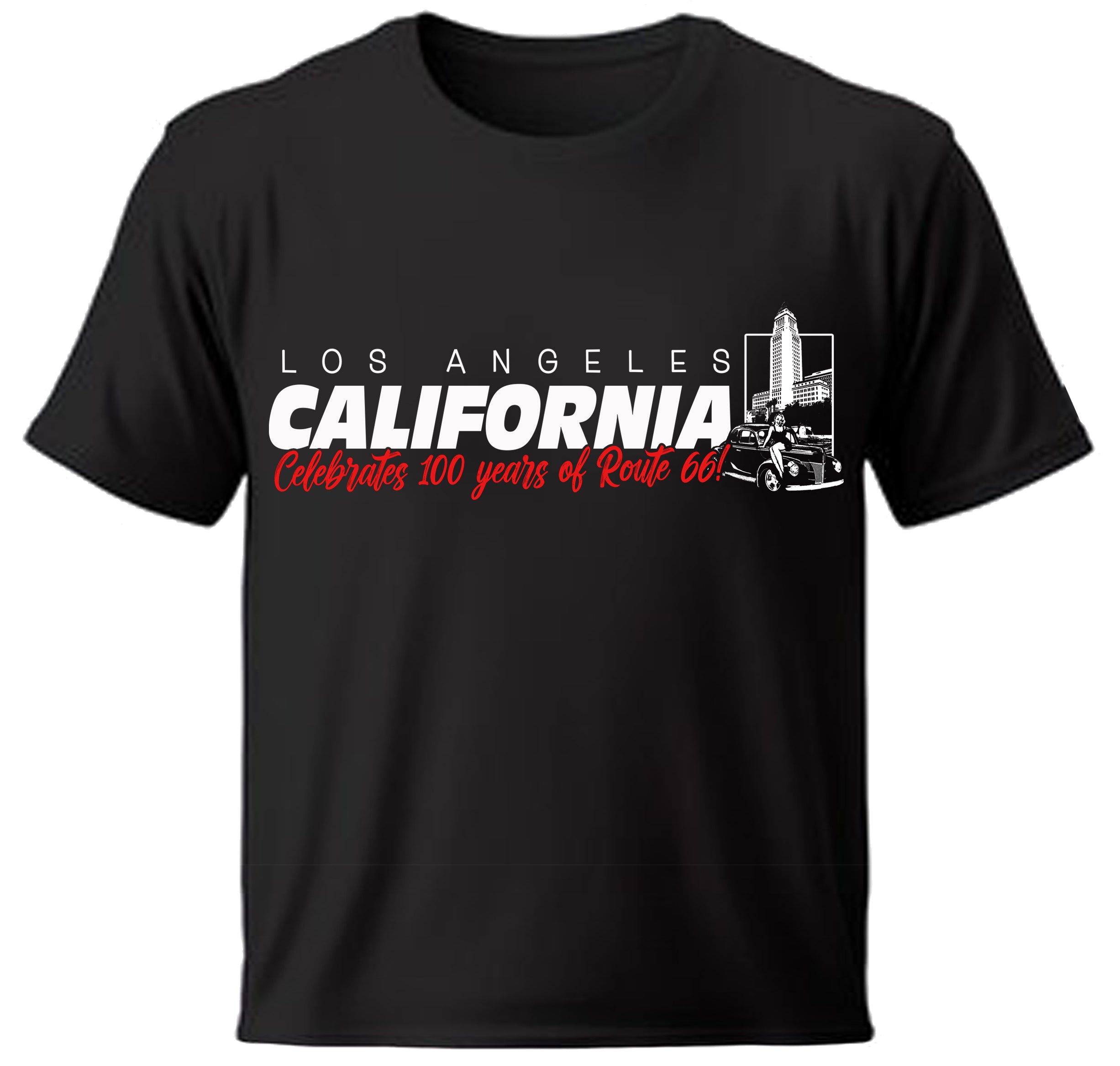 Black t-shirt with 'Los Angeles California Celebrates 100 years of Route 66' text and graphic on a white background