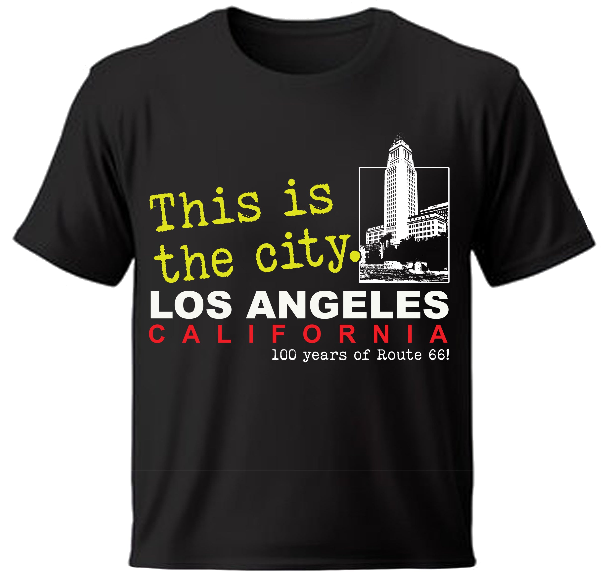 Los Angeles Dragnet Route 66 graphic shirt on black t-shirt