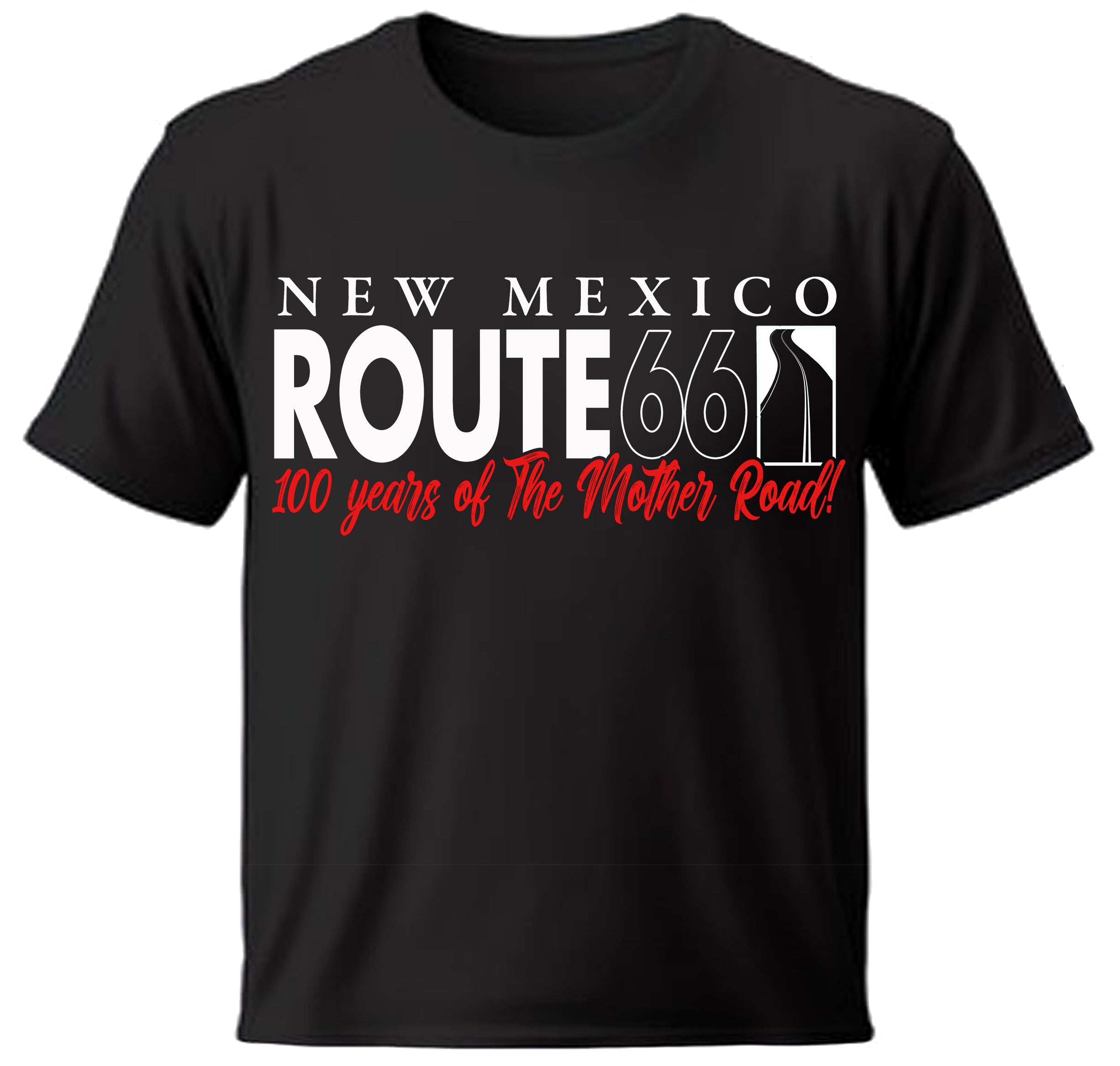 Black t-shirt with Route 66 New Mexico design on a white background

