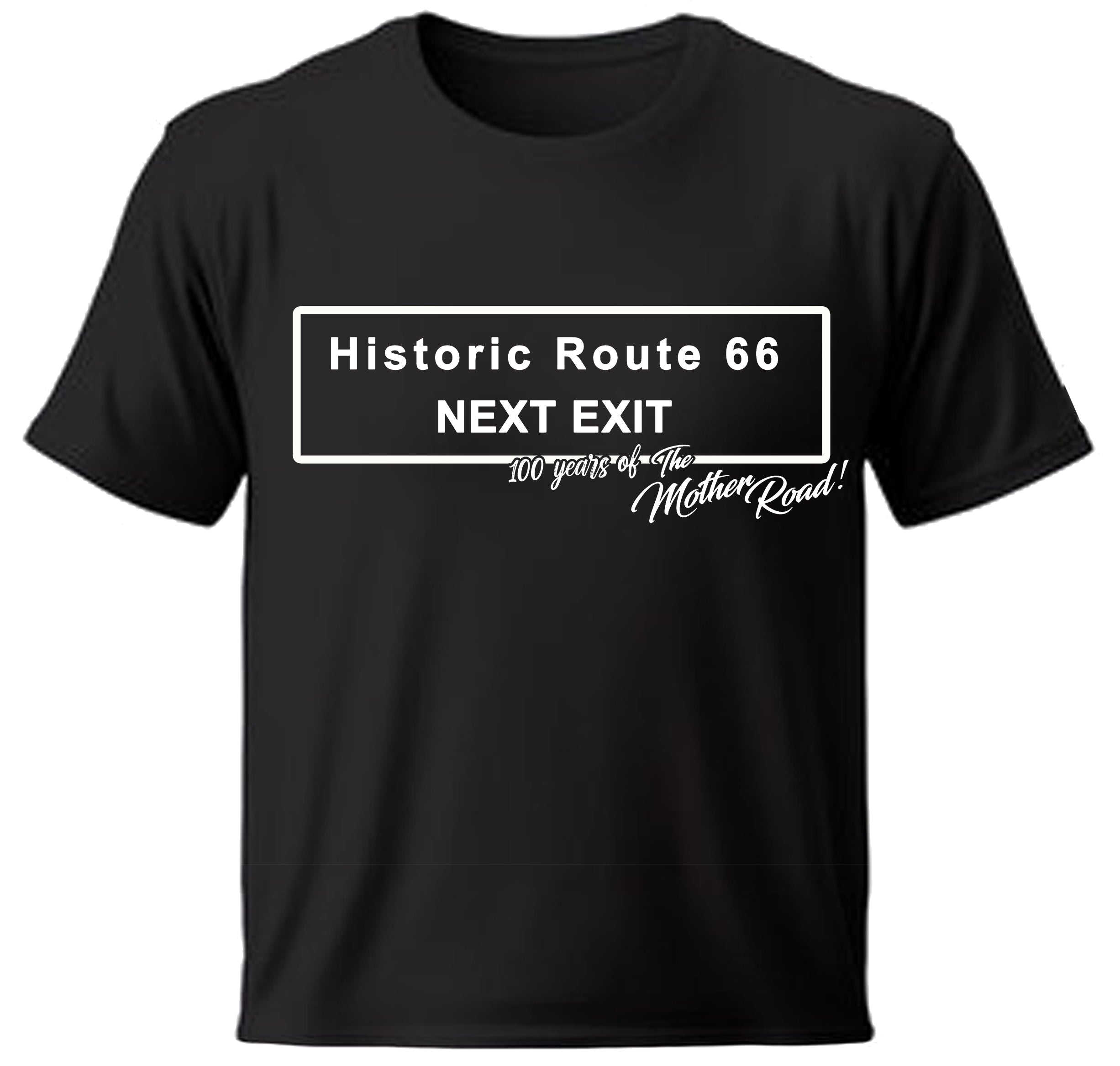 Black Next Exit t-shirt with white text about Historic Route 66 on a white background


