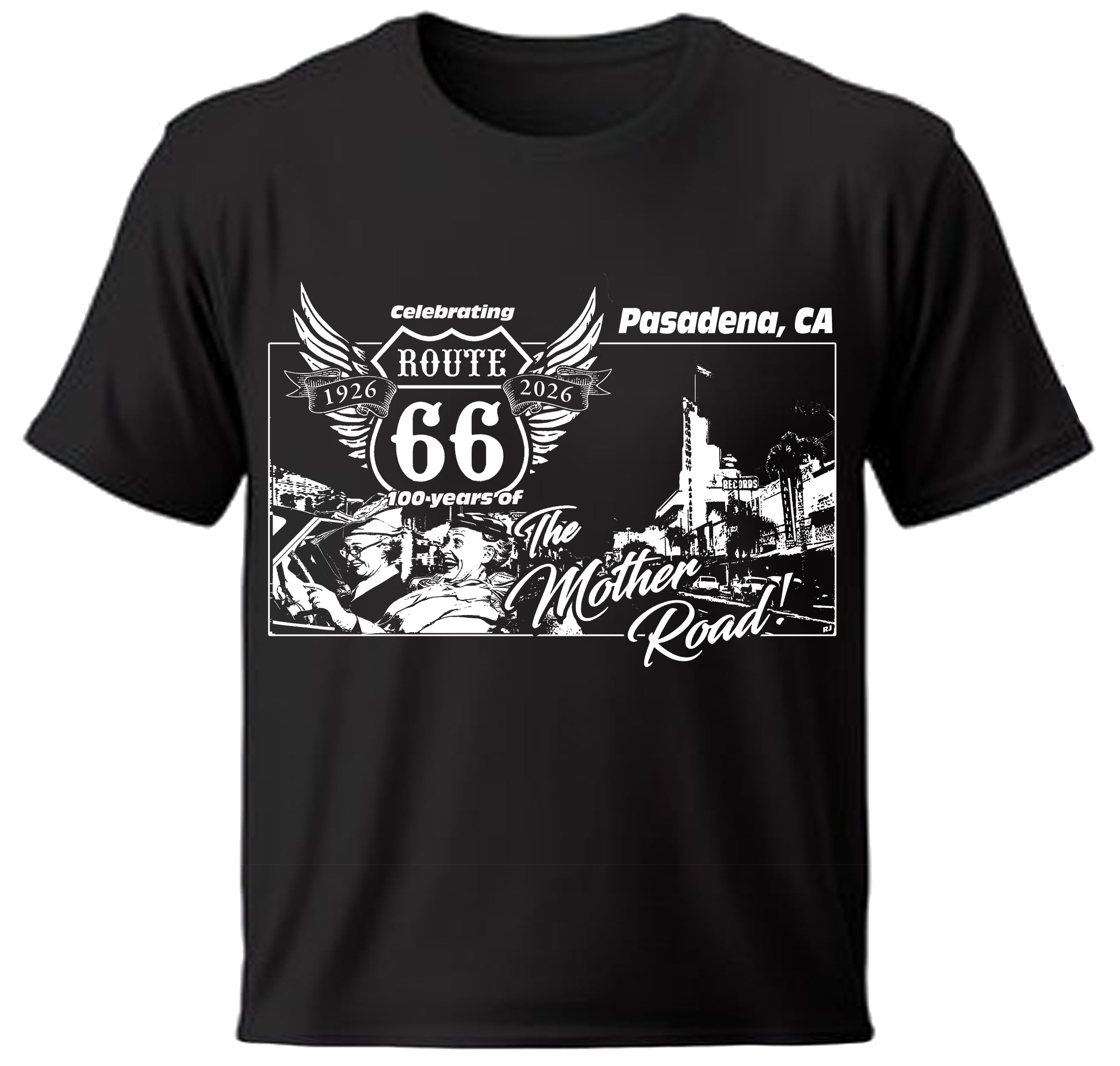 Black Pasadena, California t-shirt with Route 66 graphic design on a white background