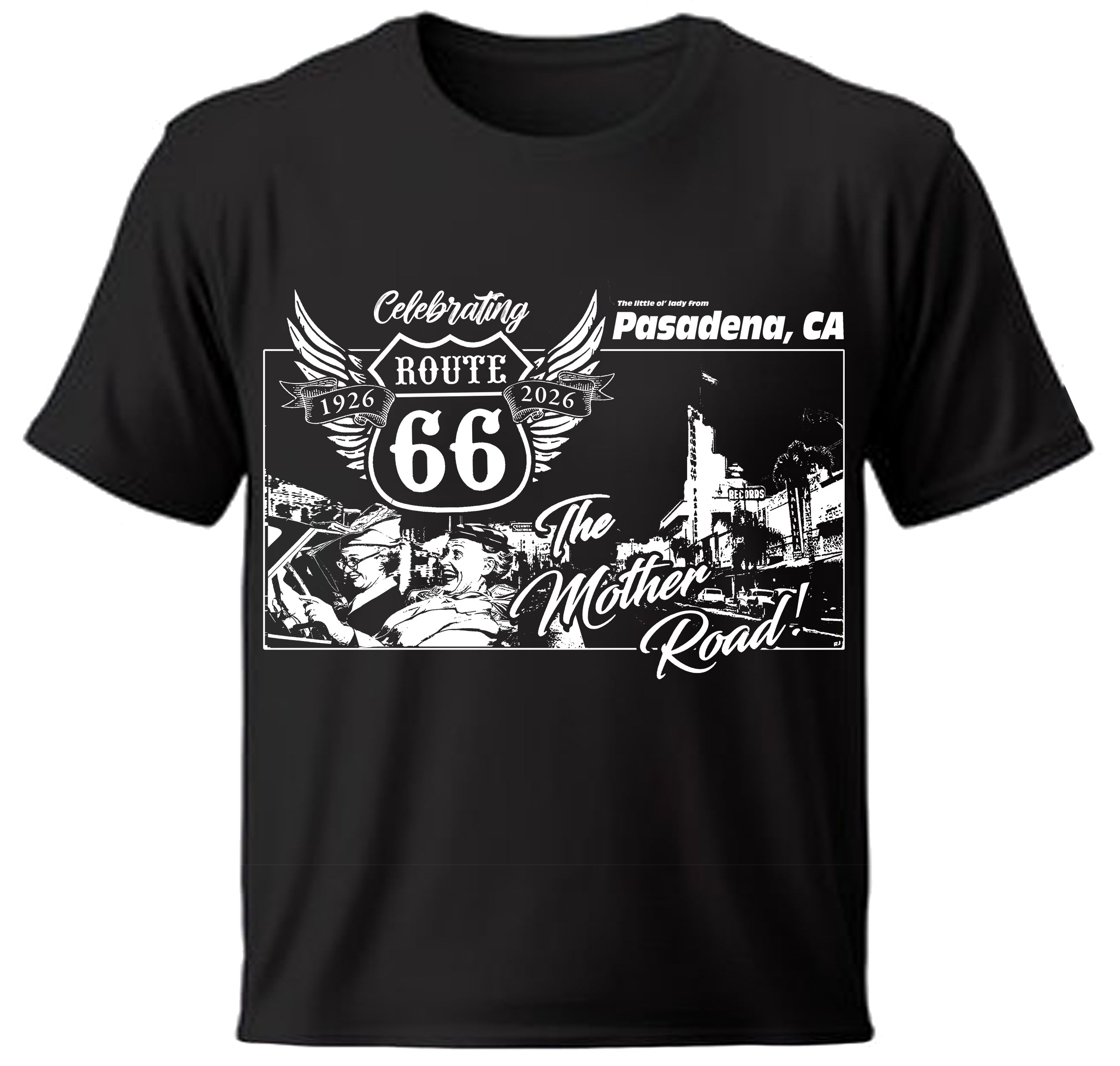 Black Pasadena, California t-shirt with Route 66 centennial design