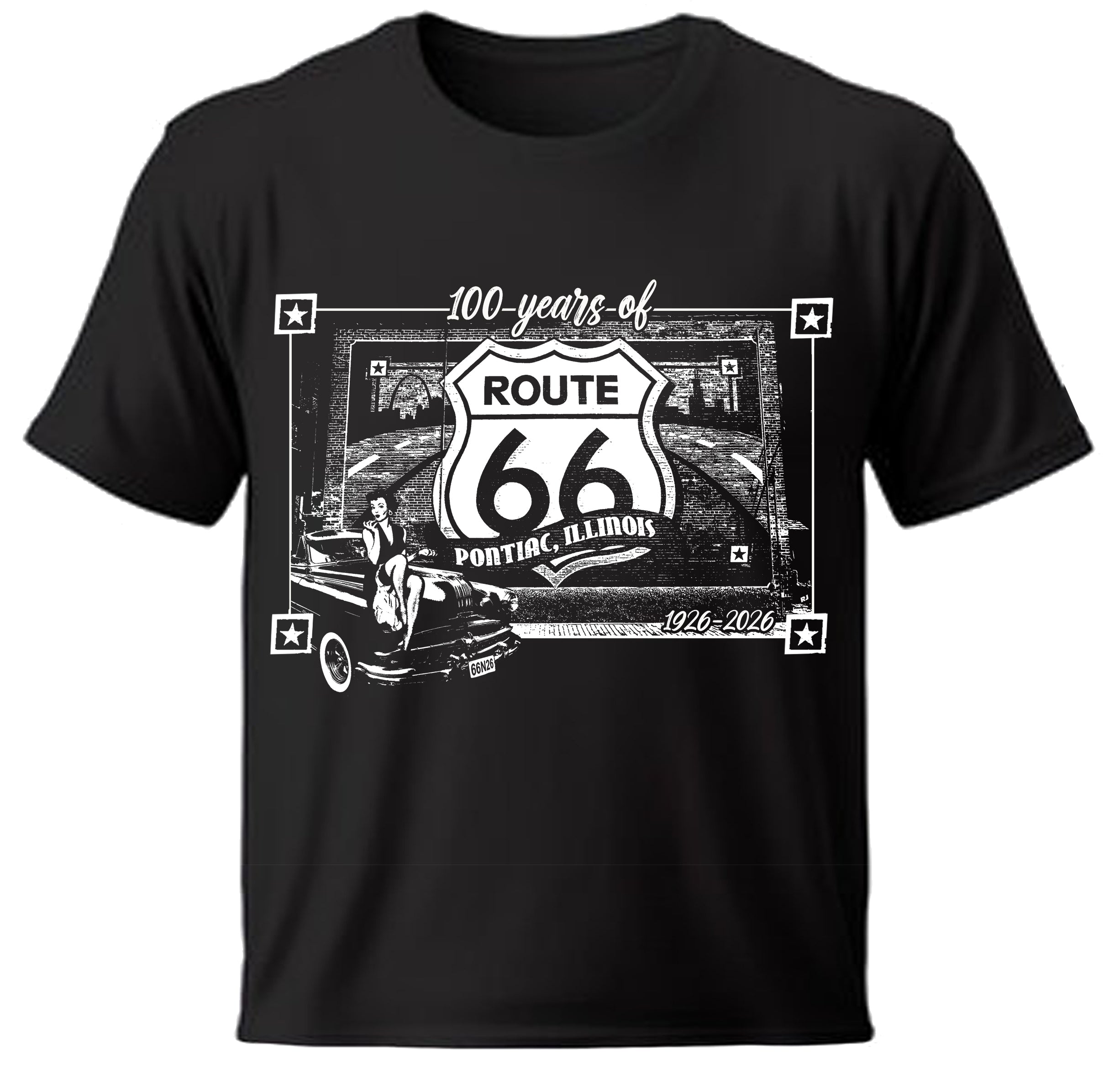 Black t-shirt with Route 66 graphic of Pontiac, Illinois mural.
