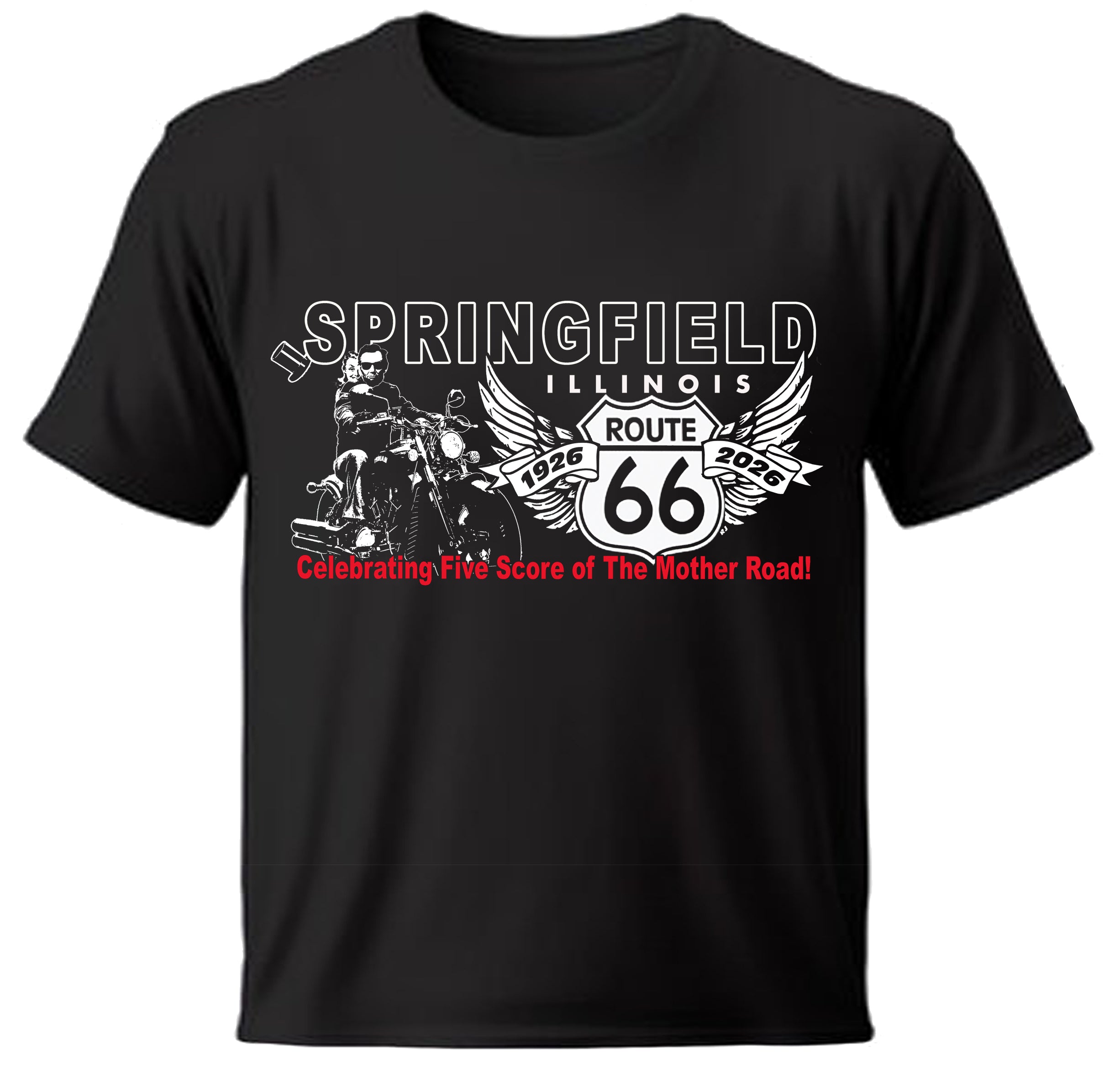 Black Springfield Lincoln t-shirt with Route 66 graphic design on a white background


