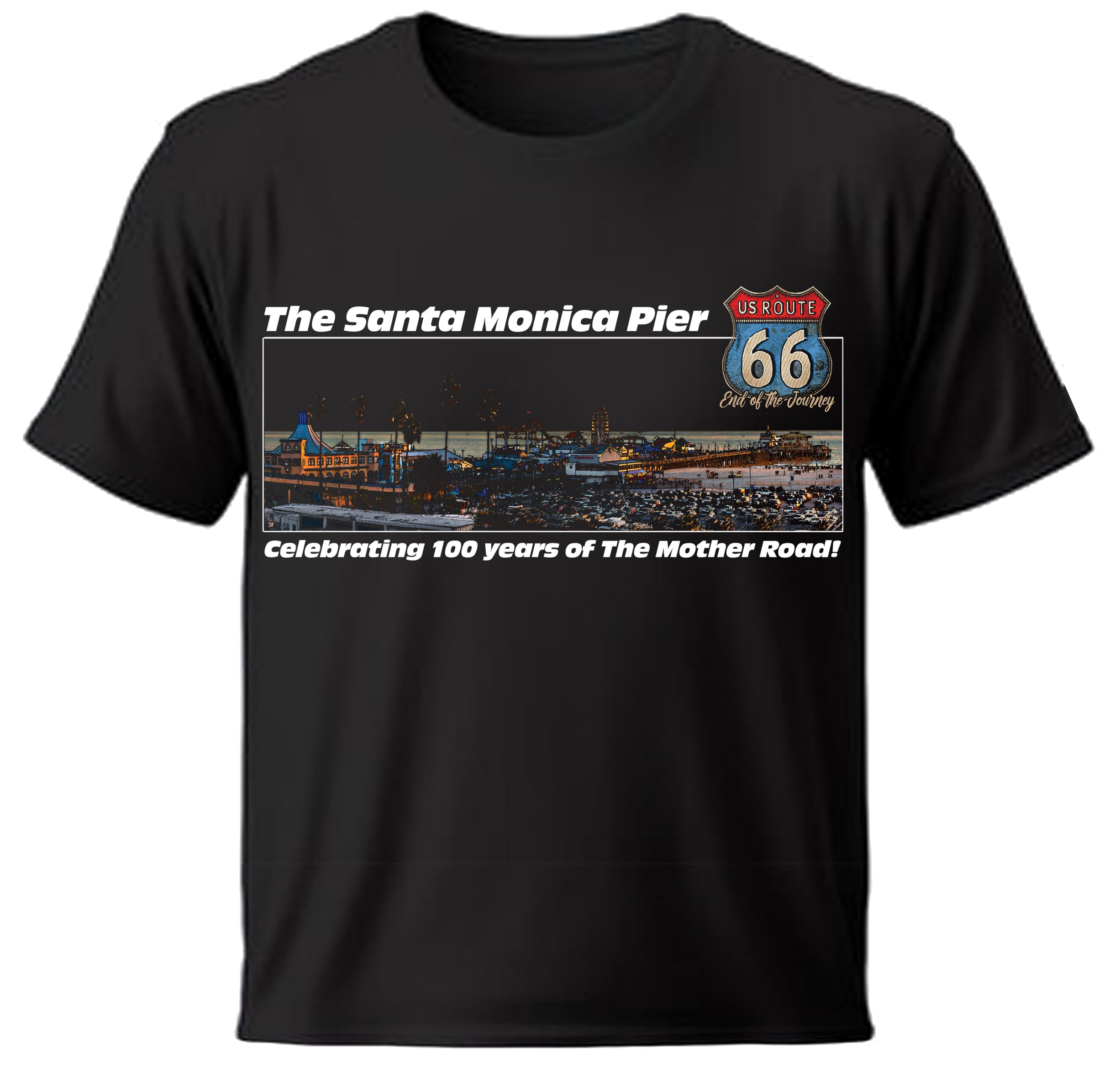 Black full color t-shirt with Santa Monica Pier and Route 66 centennial graphic