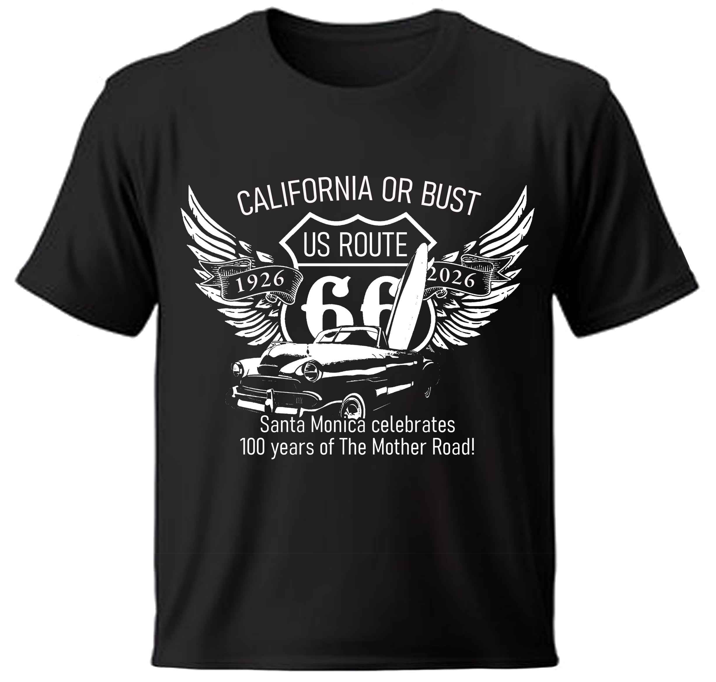 Black t-shirt withRoute 66 graphic design featuring a car and surfboard.