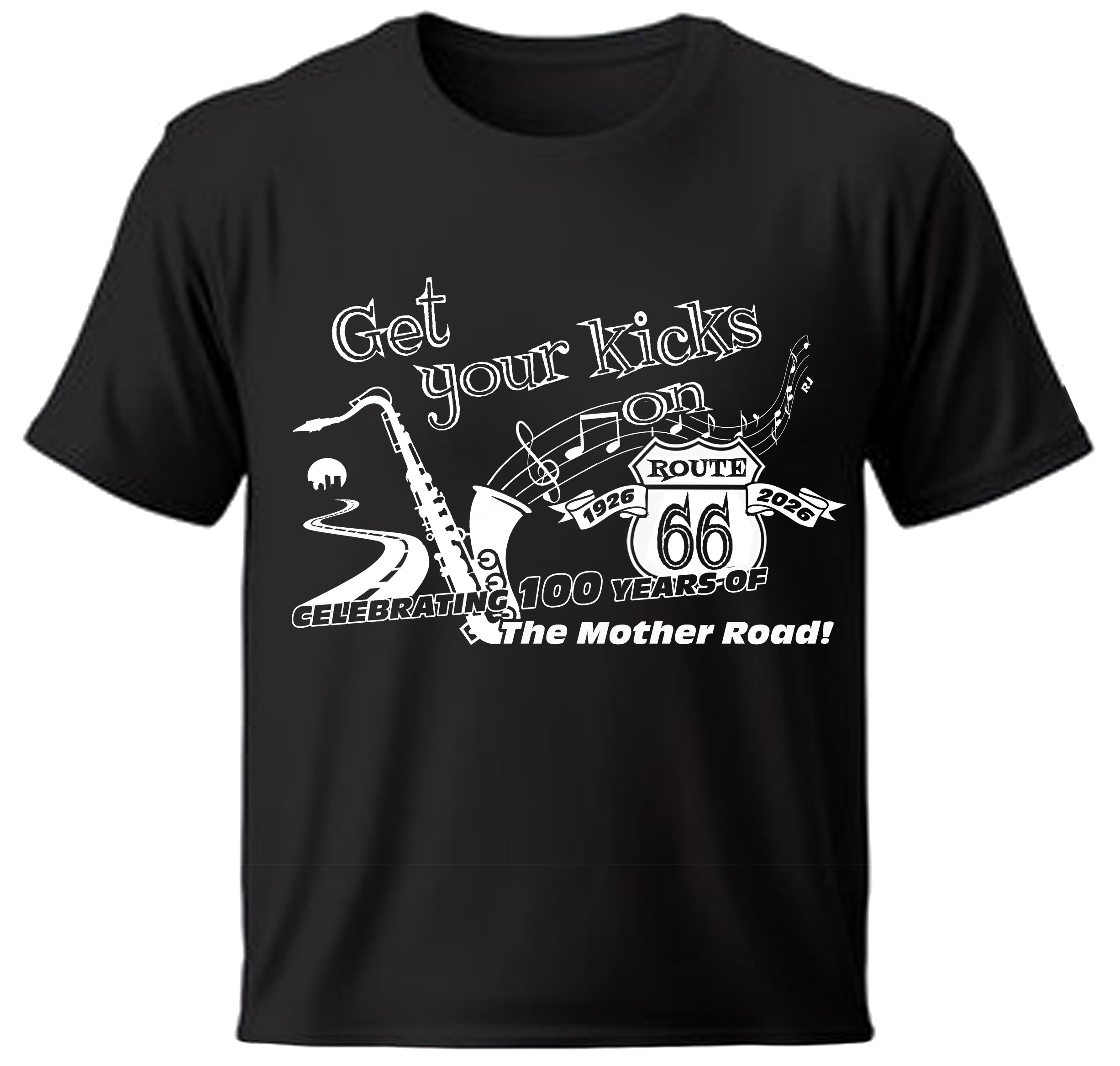 Black t-shirt with jazzy white graphic celebrating Route 66 on a white background