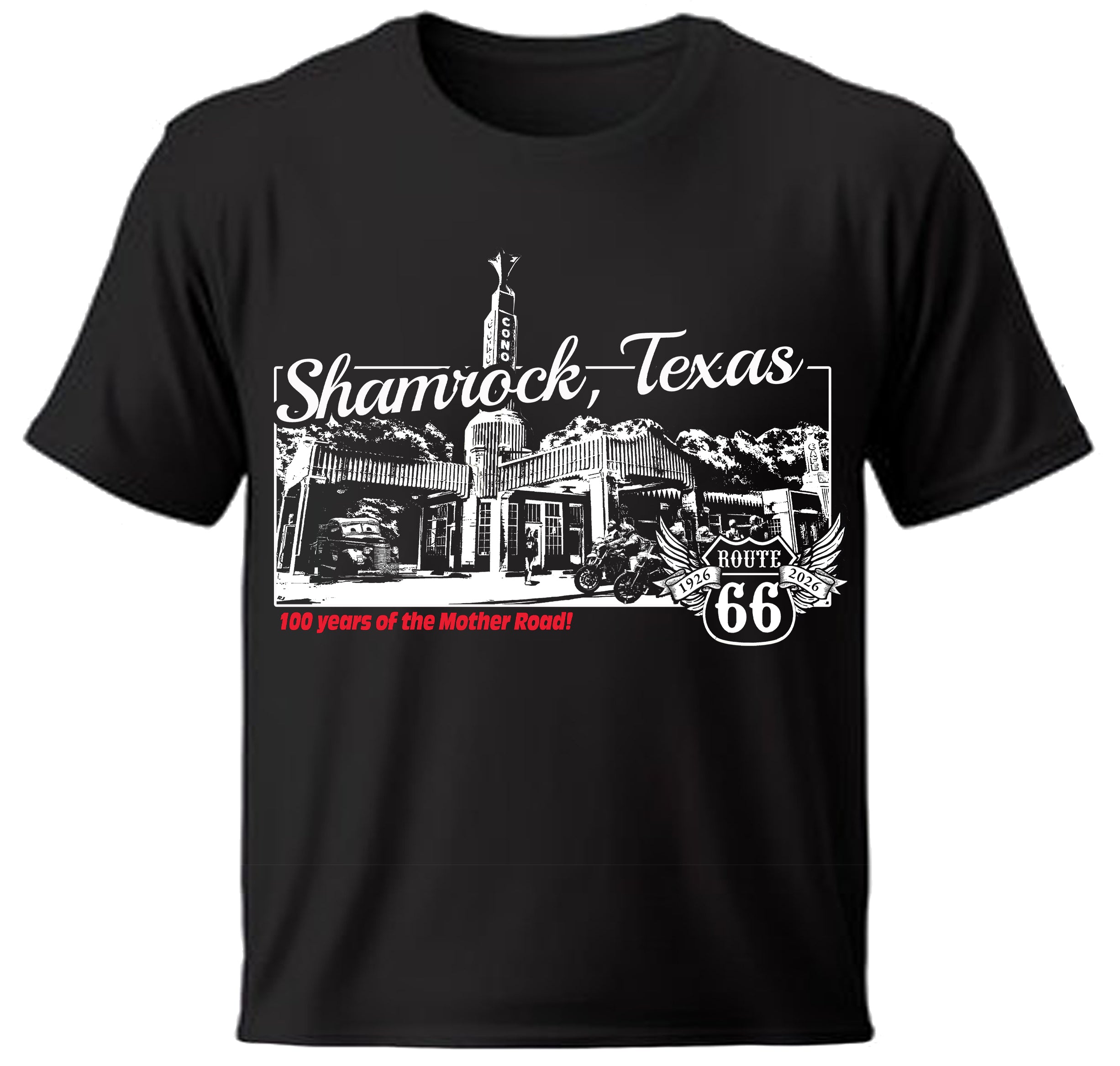Black t-shirt with 'Shamrock, Texas' and vintage 'Route 66' graphic design on a white background