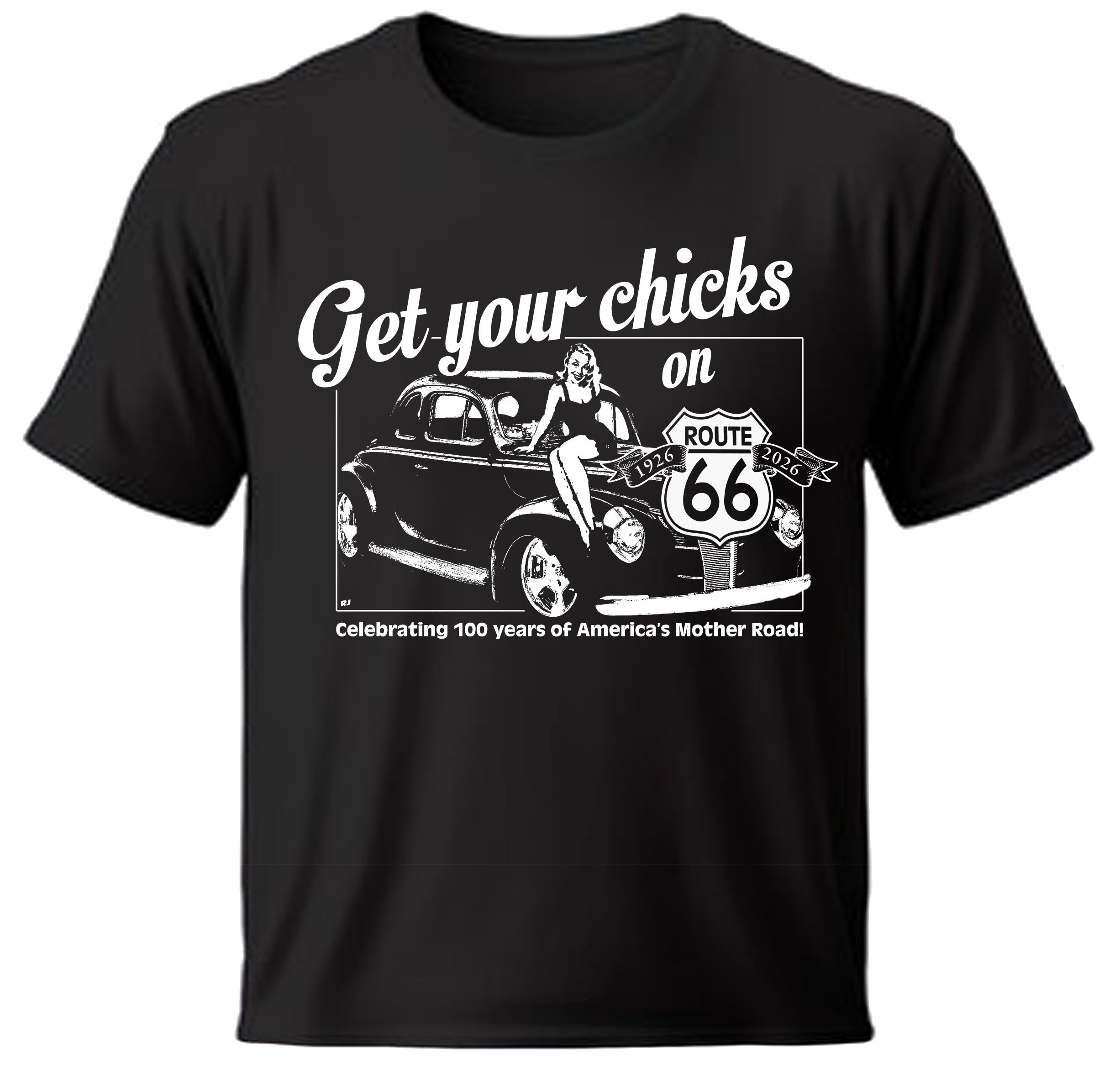 Black Get Your Chicks t-shirt with graphic design featuring a car and Route 66 logo on a white background

