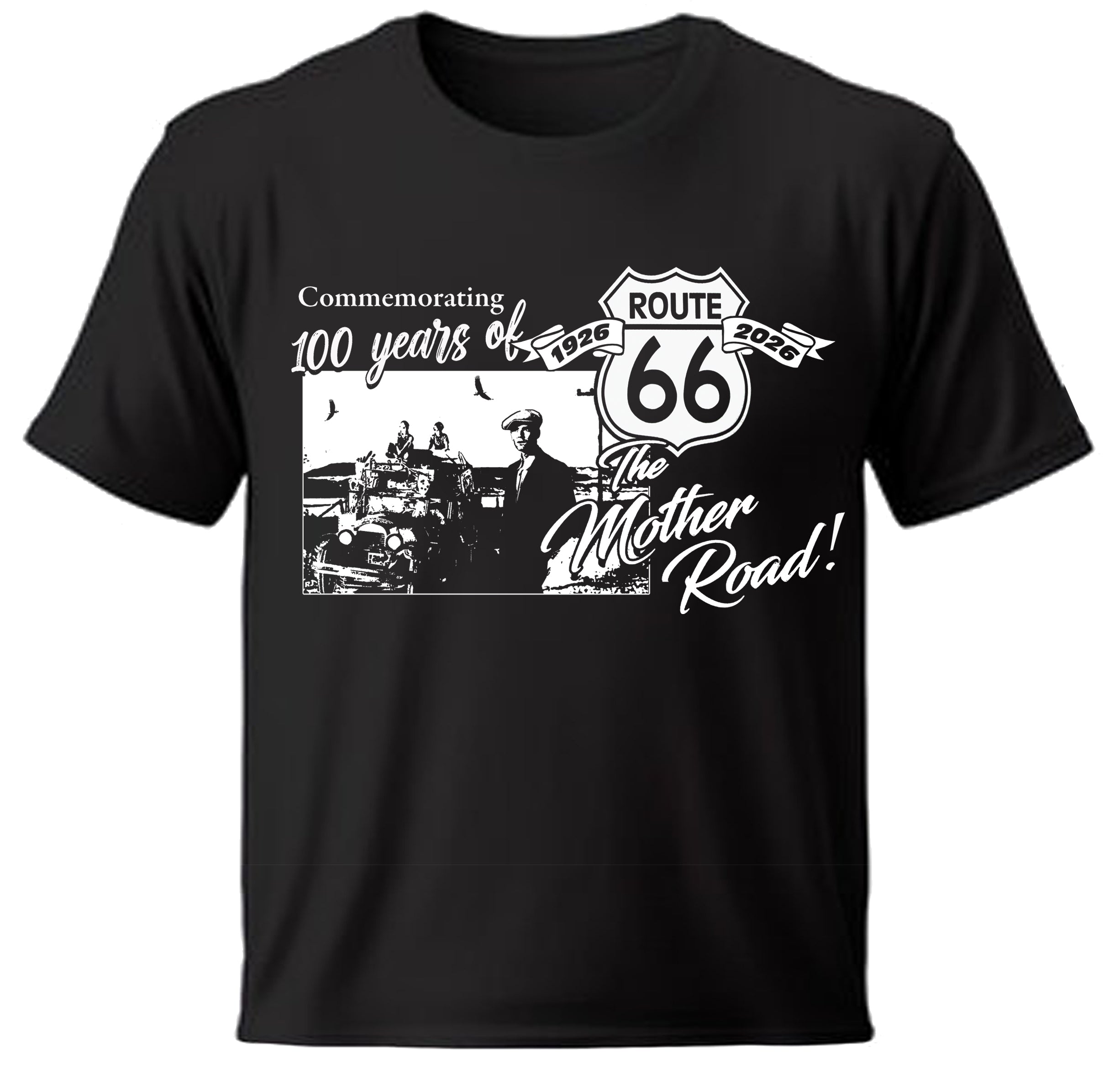 Black t-shirt with Route 66 Grapes of Wrath graphic and text on a white background