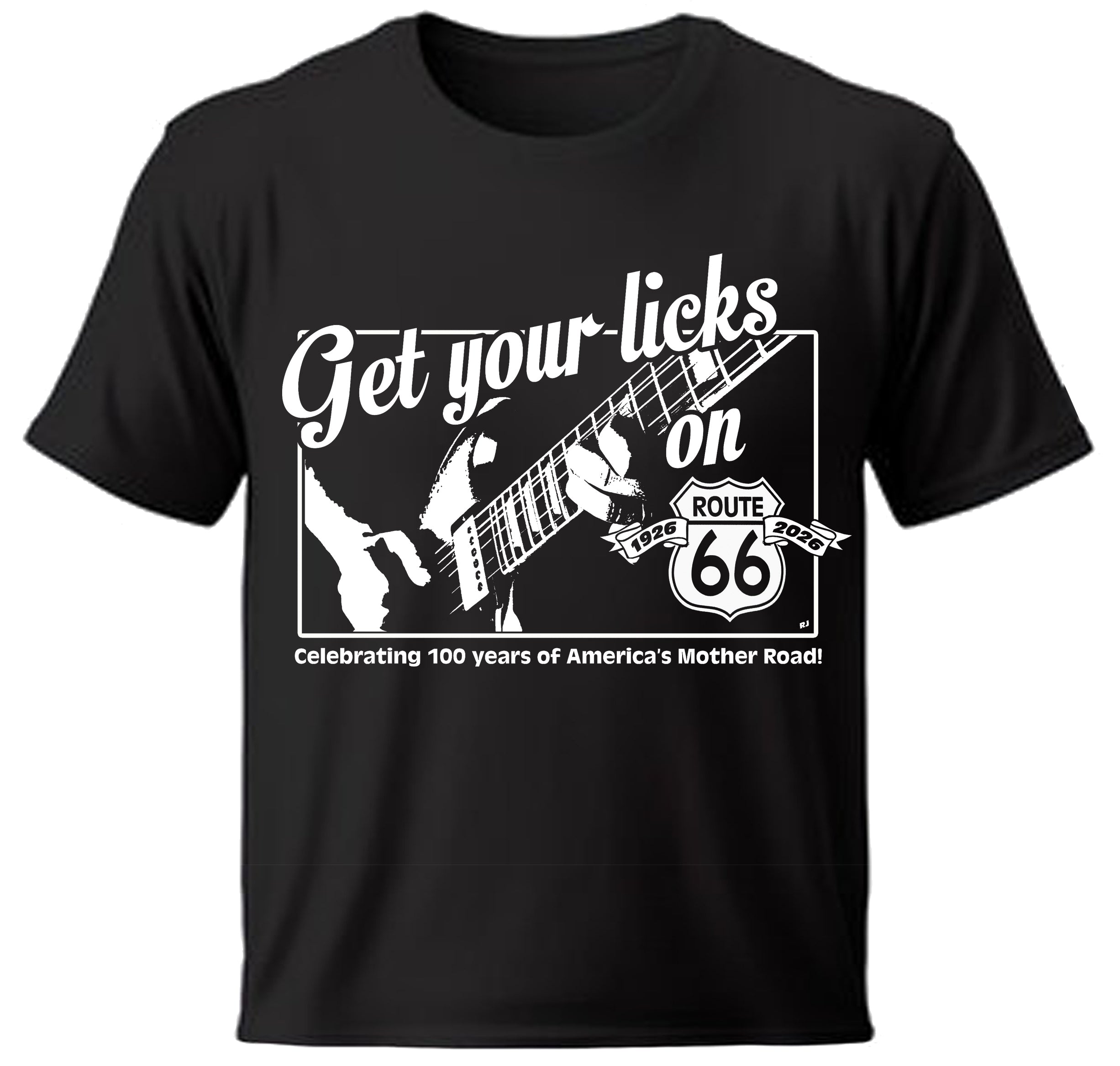 Black t-shirt with white get your licks graphic and text celebrating Route 66 on a white background