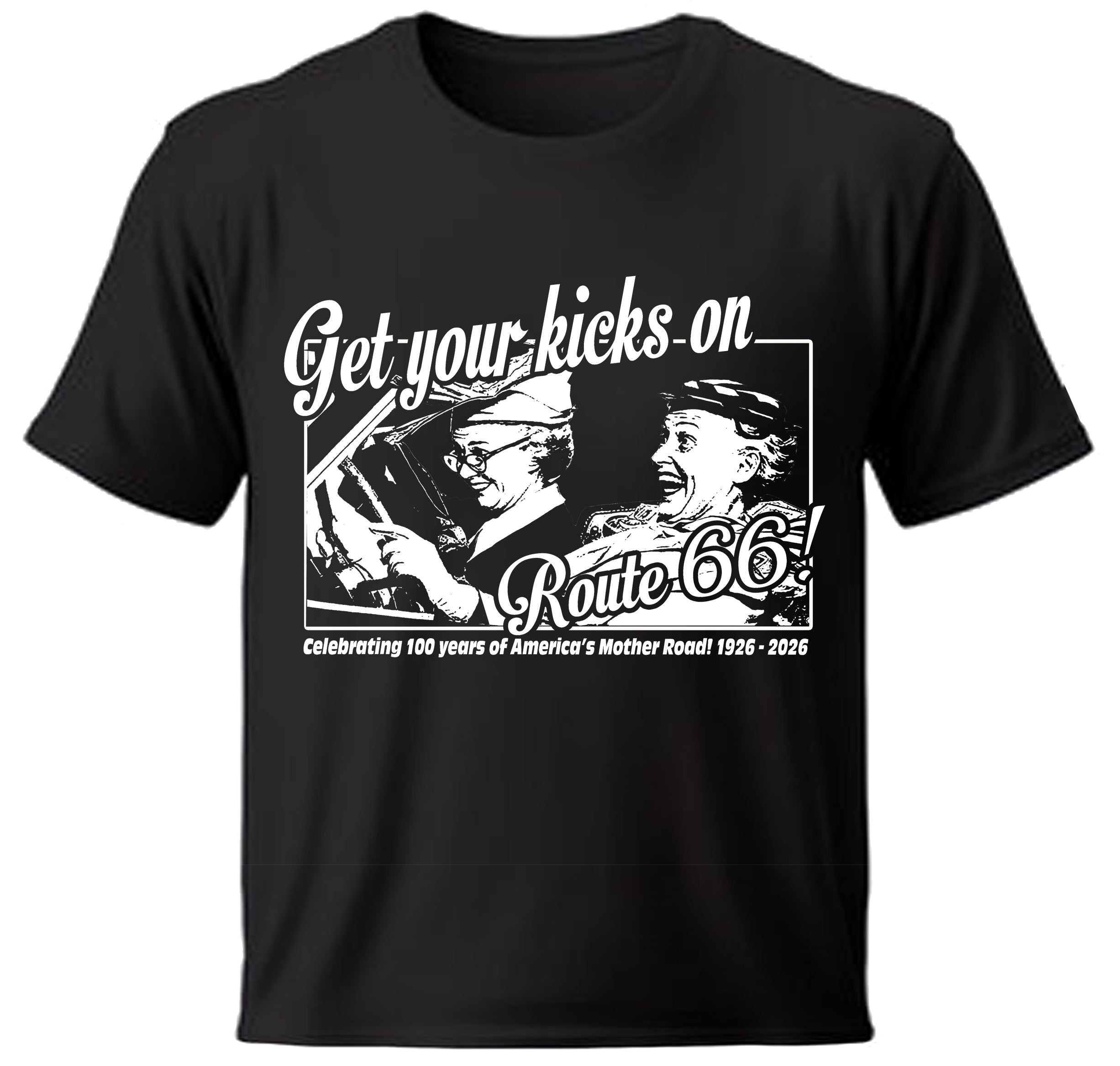 Black t-shirt with Route 66 seniors graphic and text on a white background