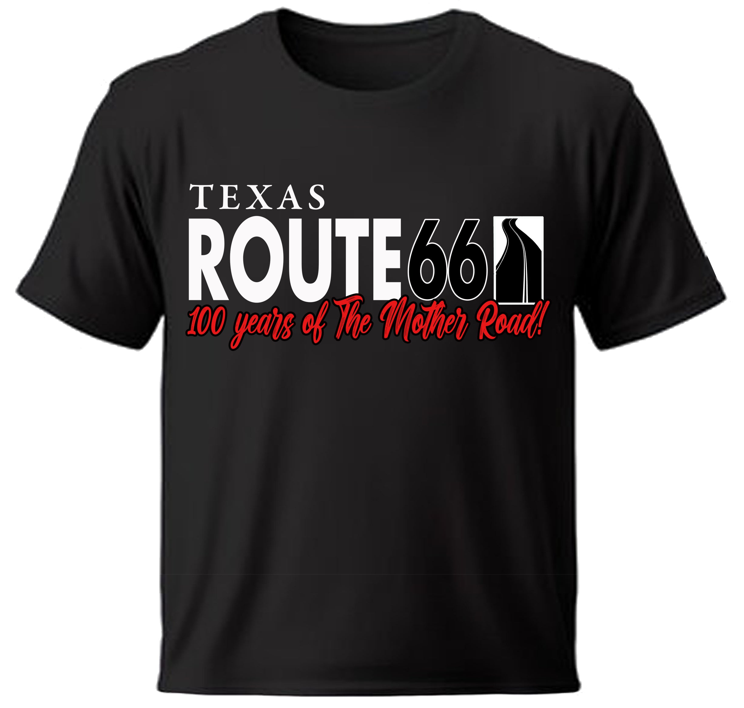 Black t-shirt with 'Texas Route 66' text design

