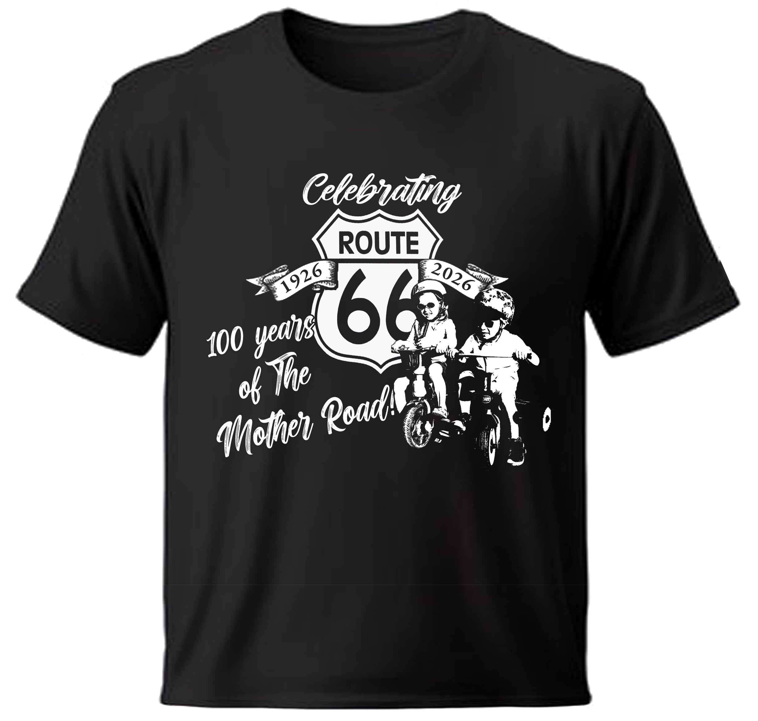 Black Youth t-shirt with Route 66 tricycle graphic and text on a white background