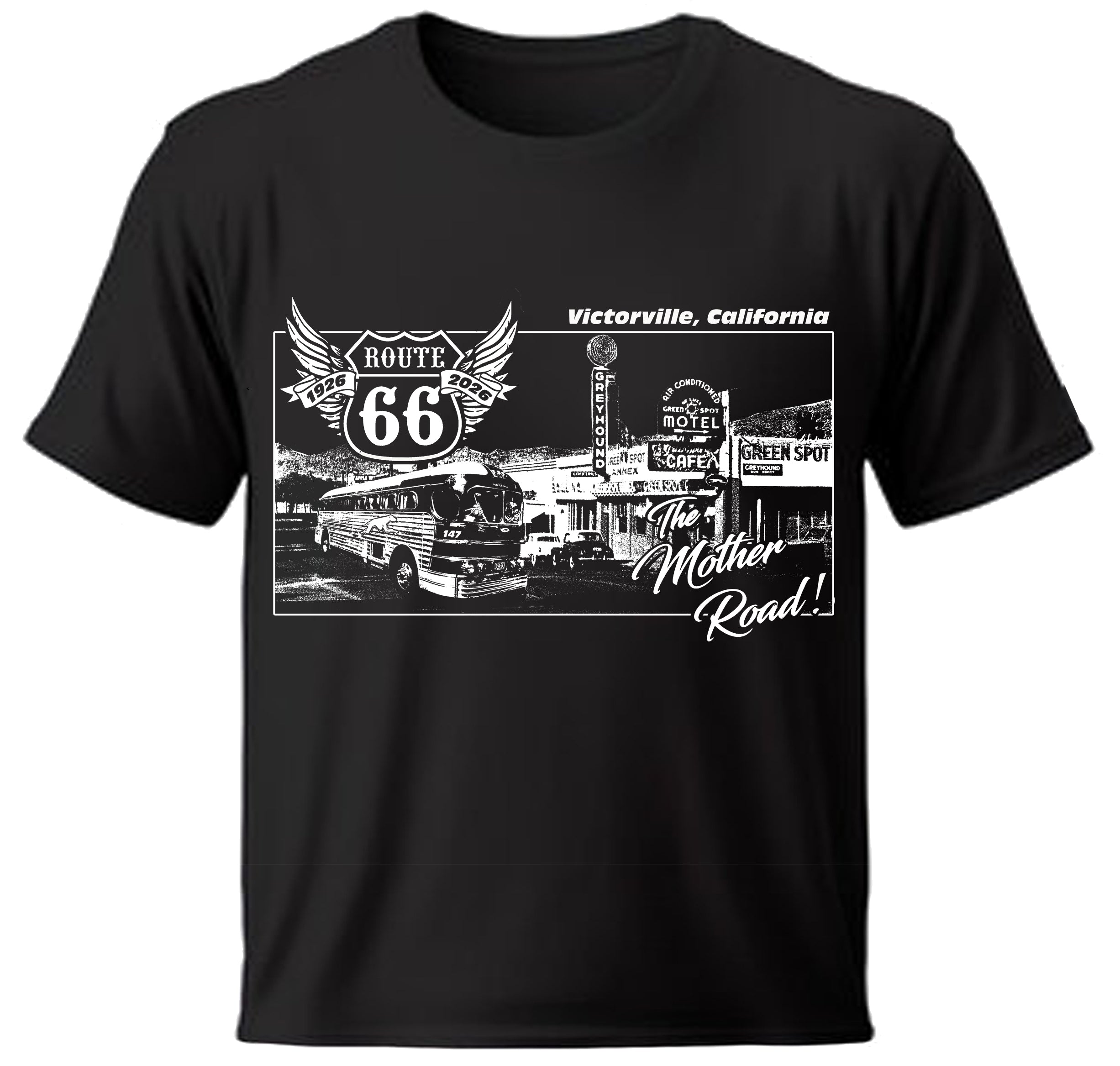 Black Victorville t-shirt with Route 66 graphic design on a white background