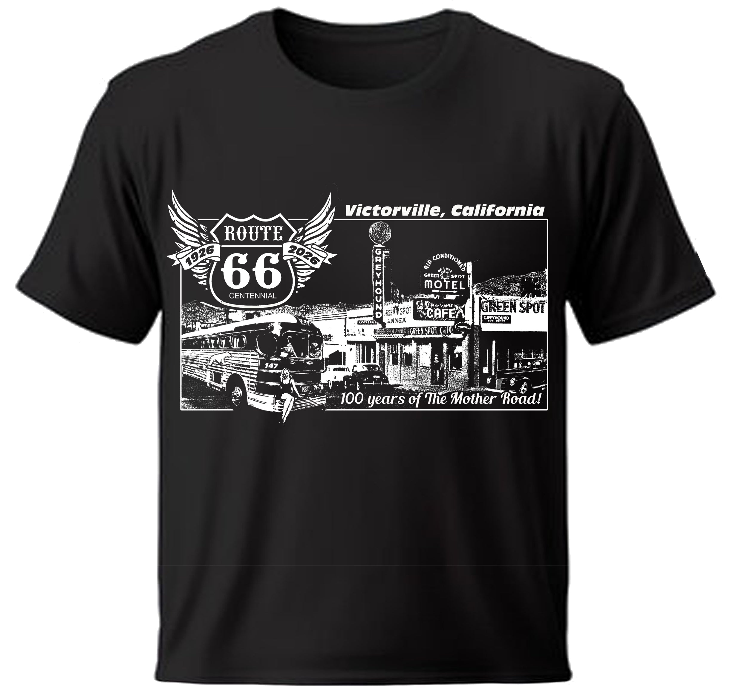 Black Victorville t-shirt with Greyhoound Bus and Route 66 graphic 