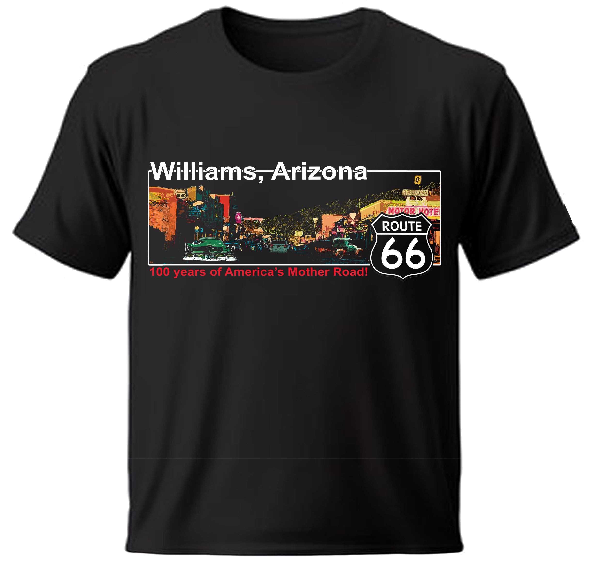 Black t-shirt with 'Williams, Arizona' and Route 66 design on a white background

