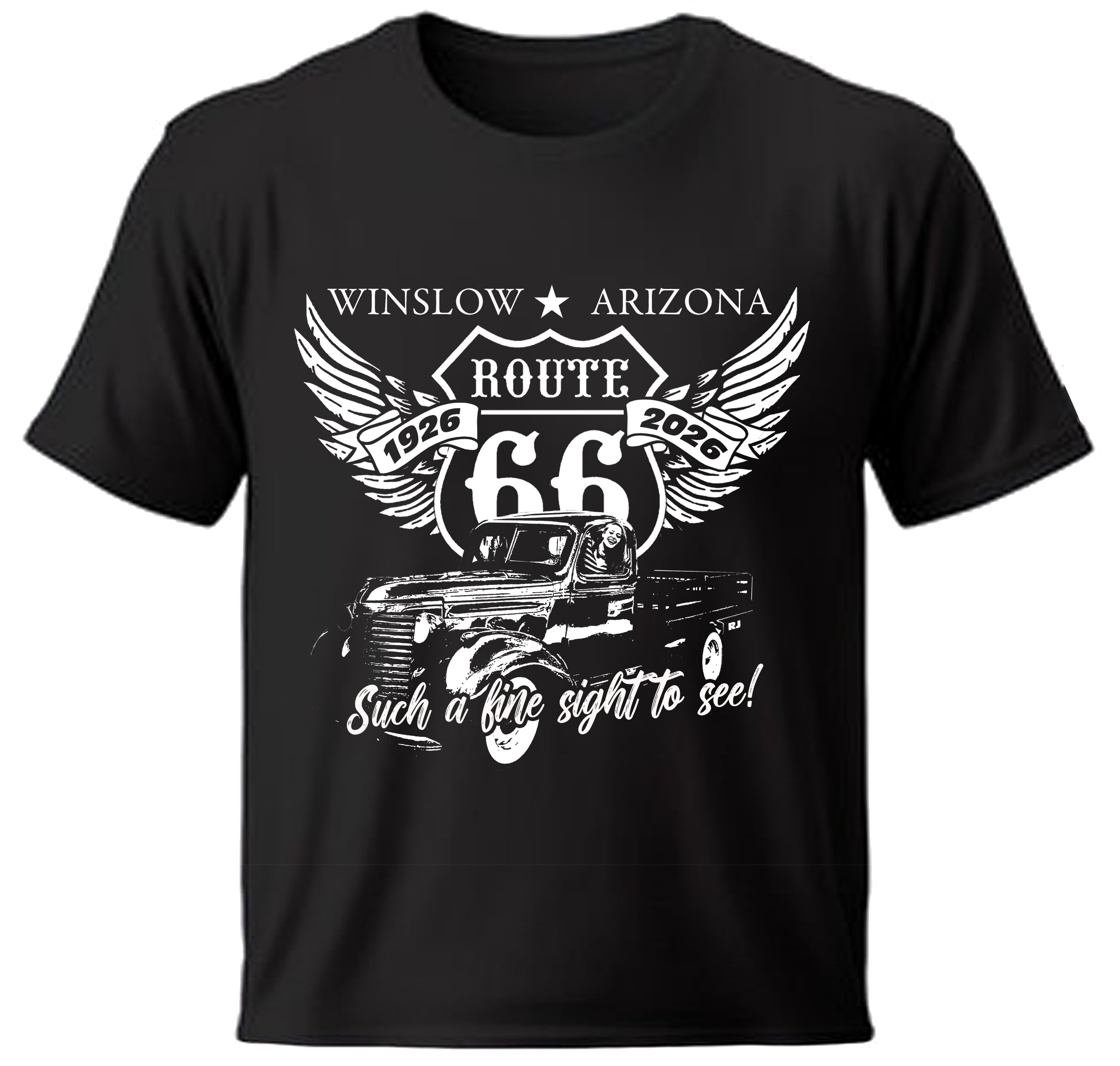 Black Winslow, Arizona t-shirt with Route 6 Logo on a white background